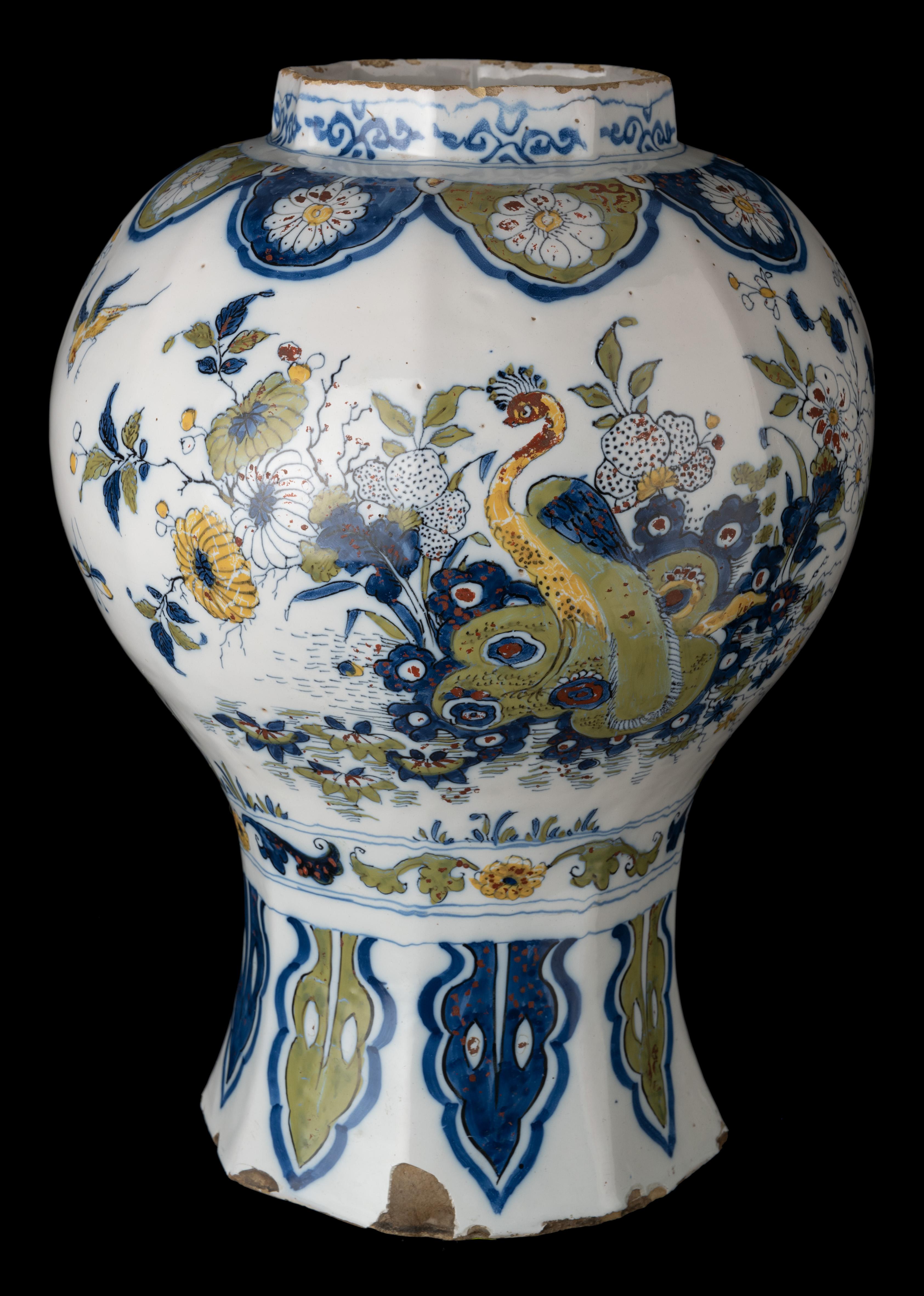 17th Century Delft Polychrome Covered Jar with Peacock and Dragon in Landscape, 1690-1700 For Sale