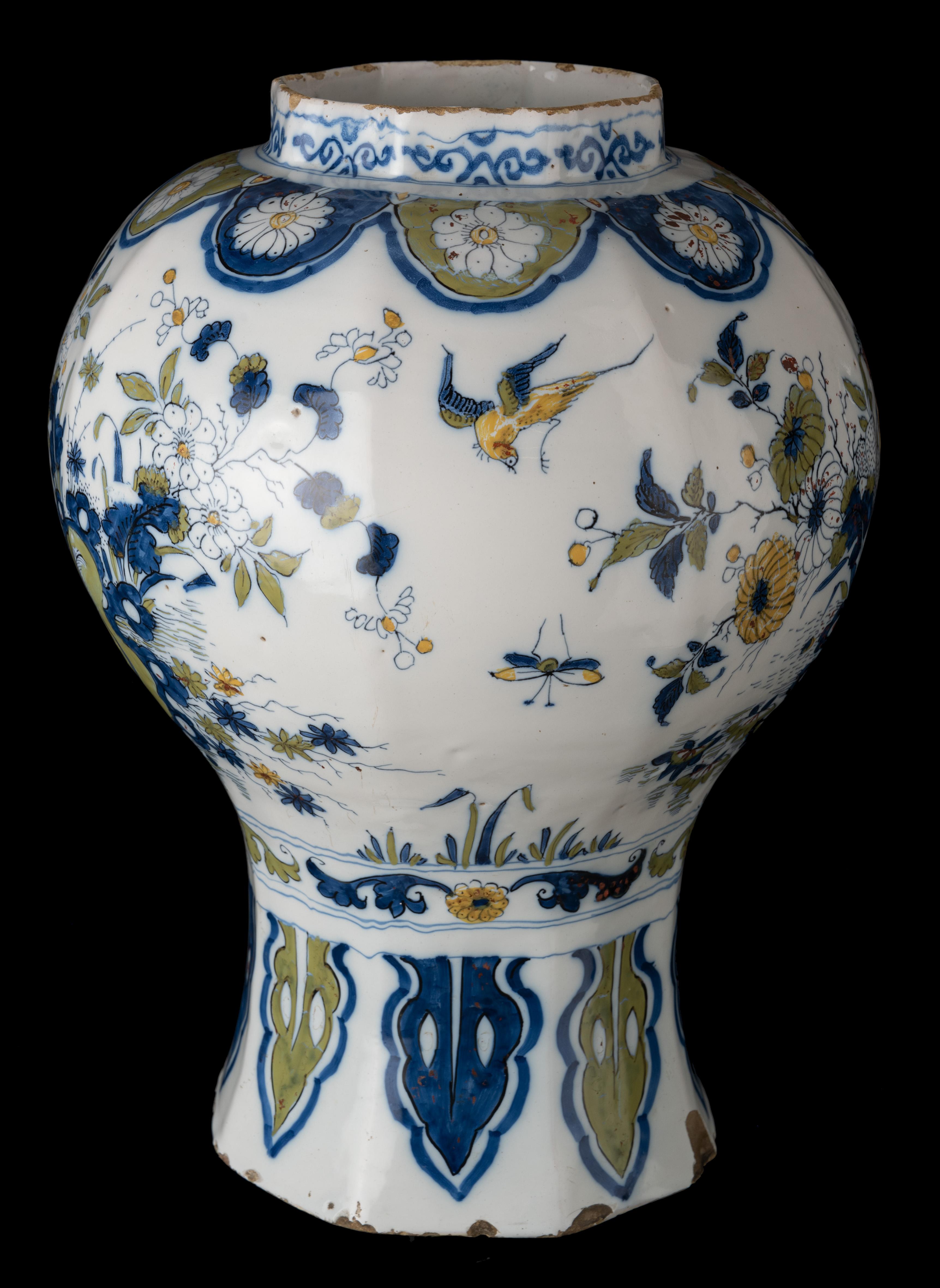 Ceramic Delft Polychrome Covered Jar with Peacock and Dragon in Landscape, 1690-1700 For Sale