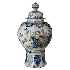 Antique Delft Polychrome Covered Jar with Peacock and Dragon in Landscape, 1690-1700