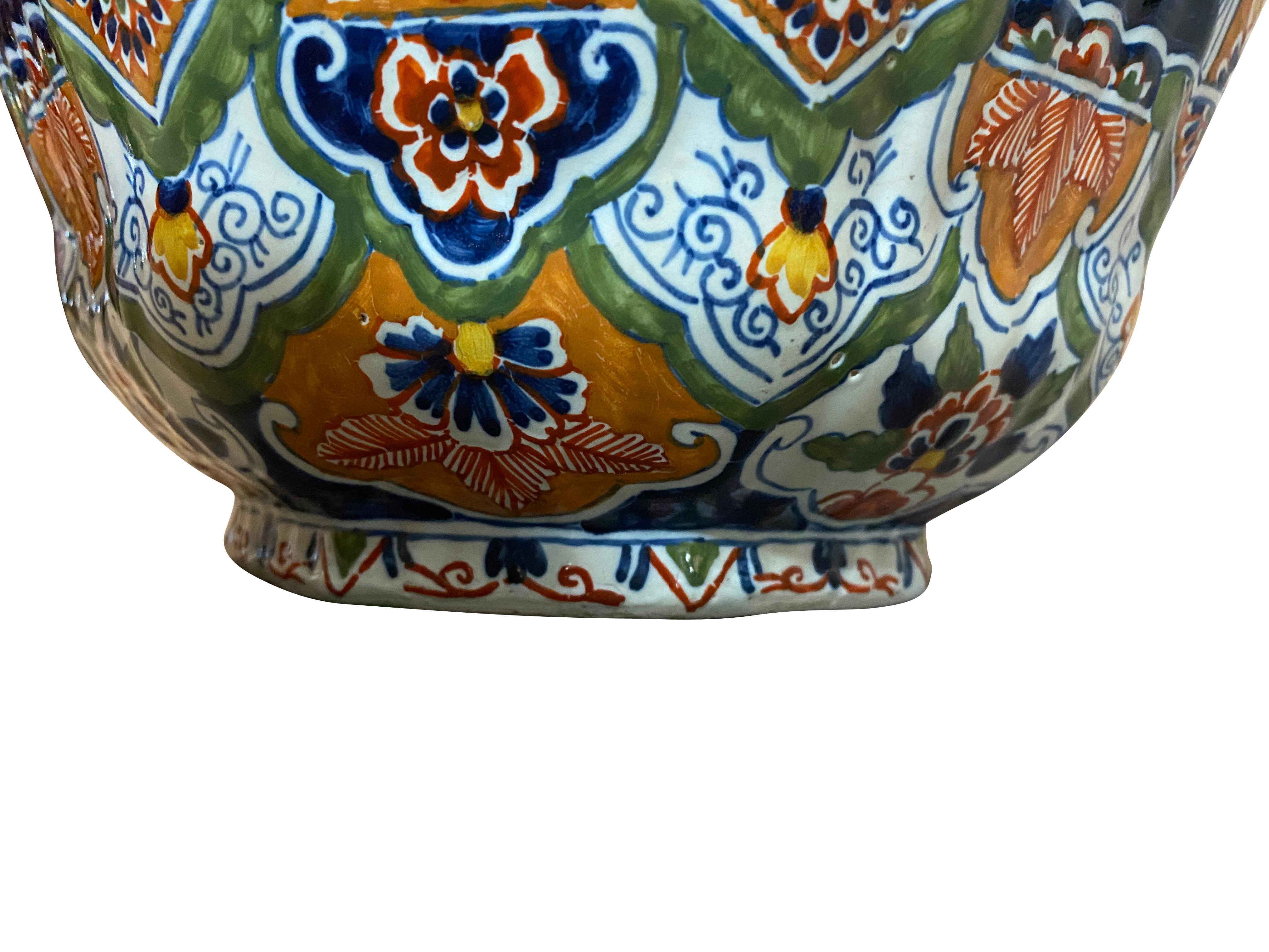 Delft Polychrome Decorated Melon Form Covered Vase For Sale 3