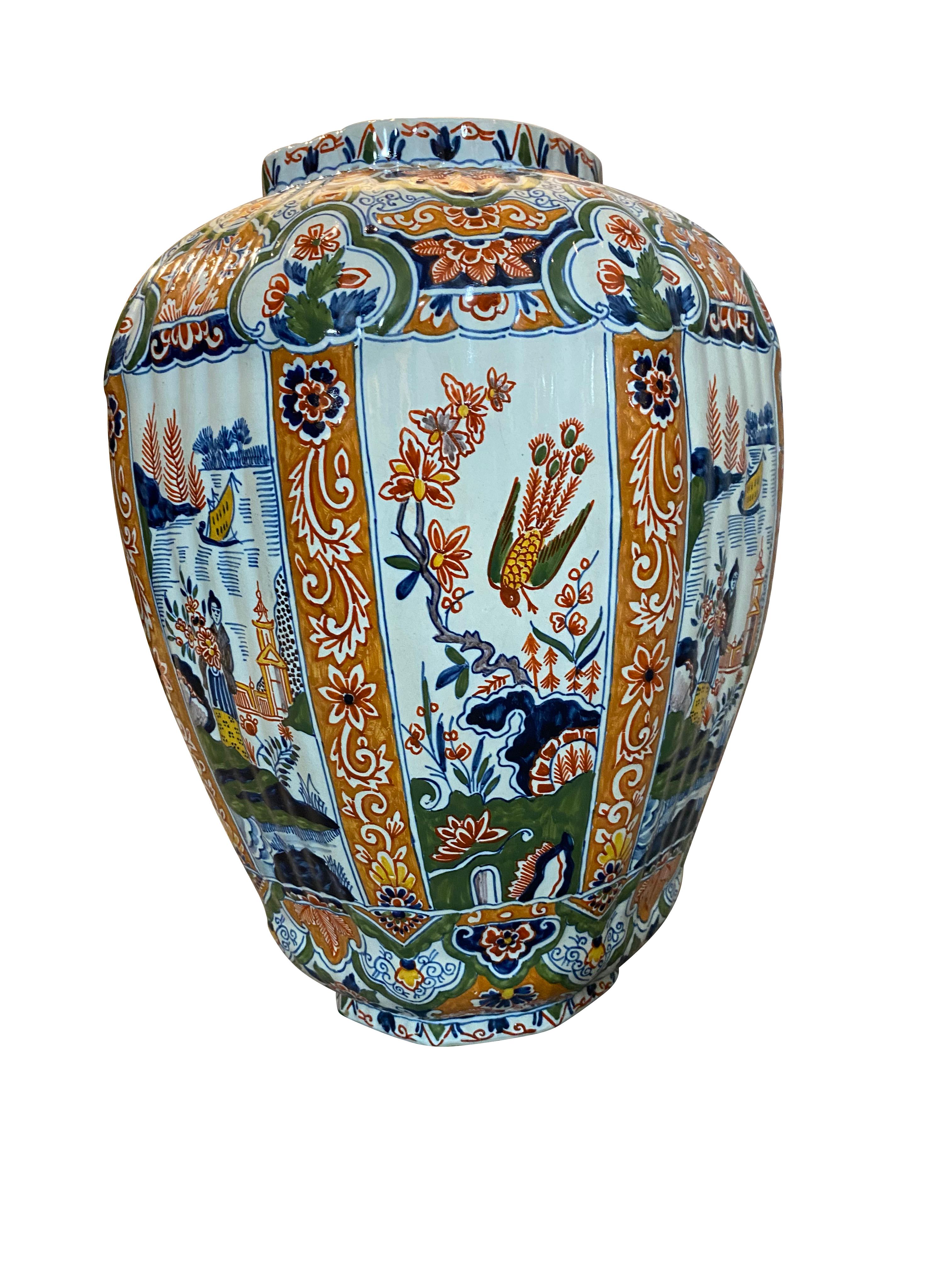 Delft Polychrome Decorated Melon Form Covered Vase For Sale 4