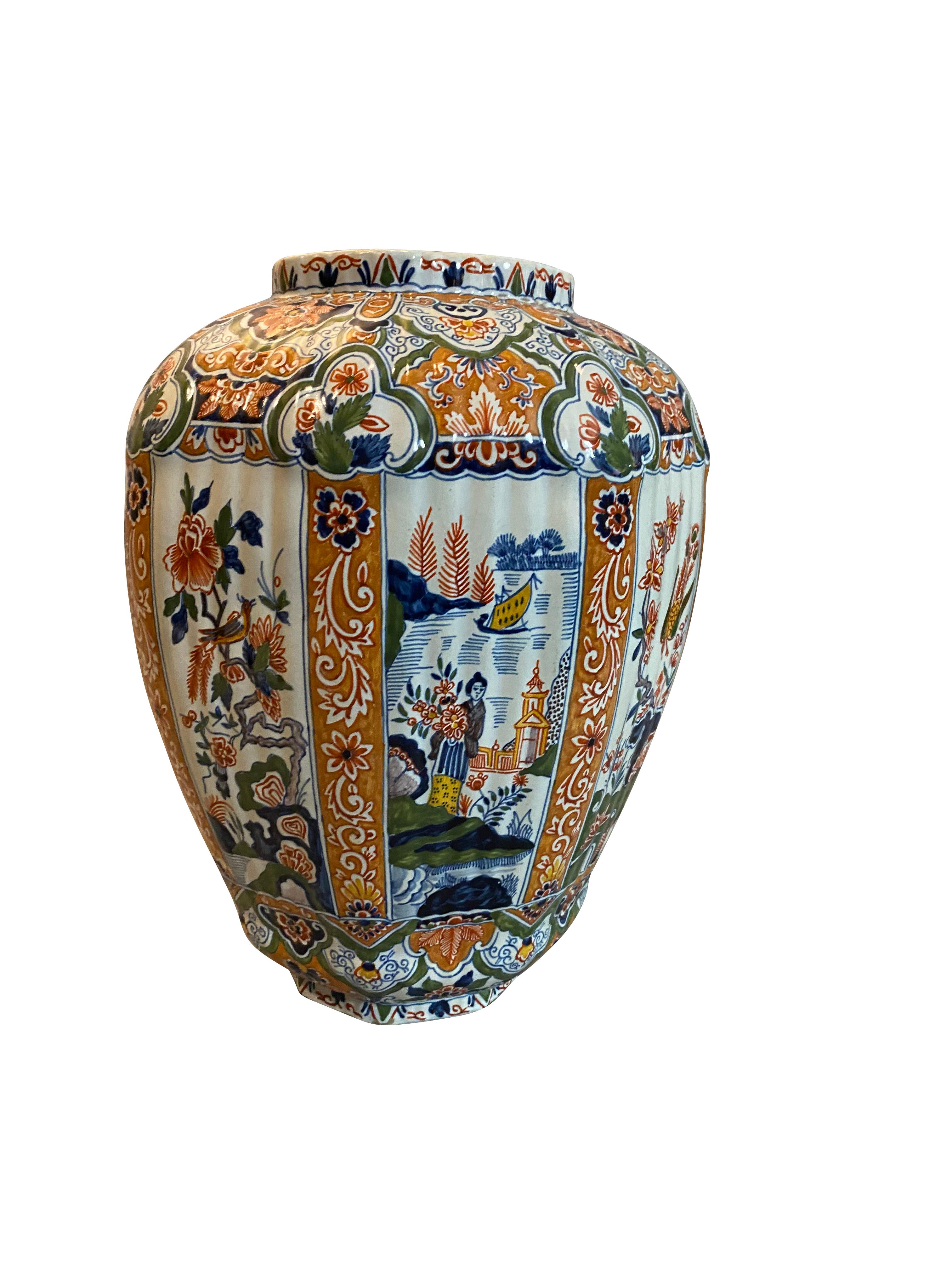 Delft Polychrome Decorated Melon Form Covered Vase For Sale 5