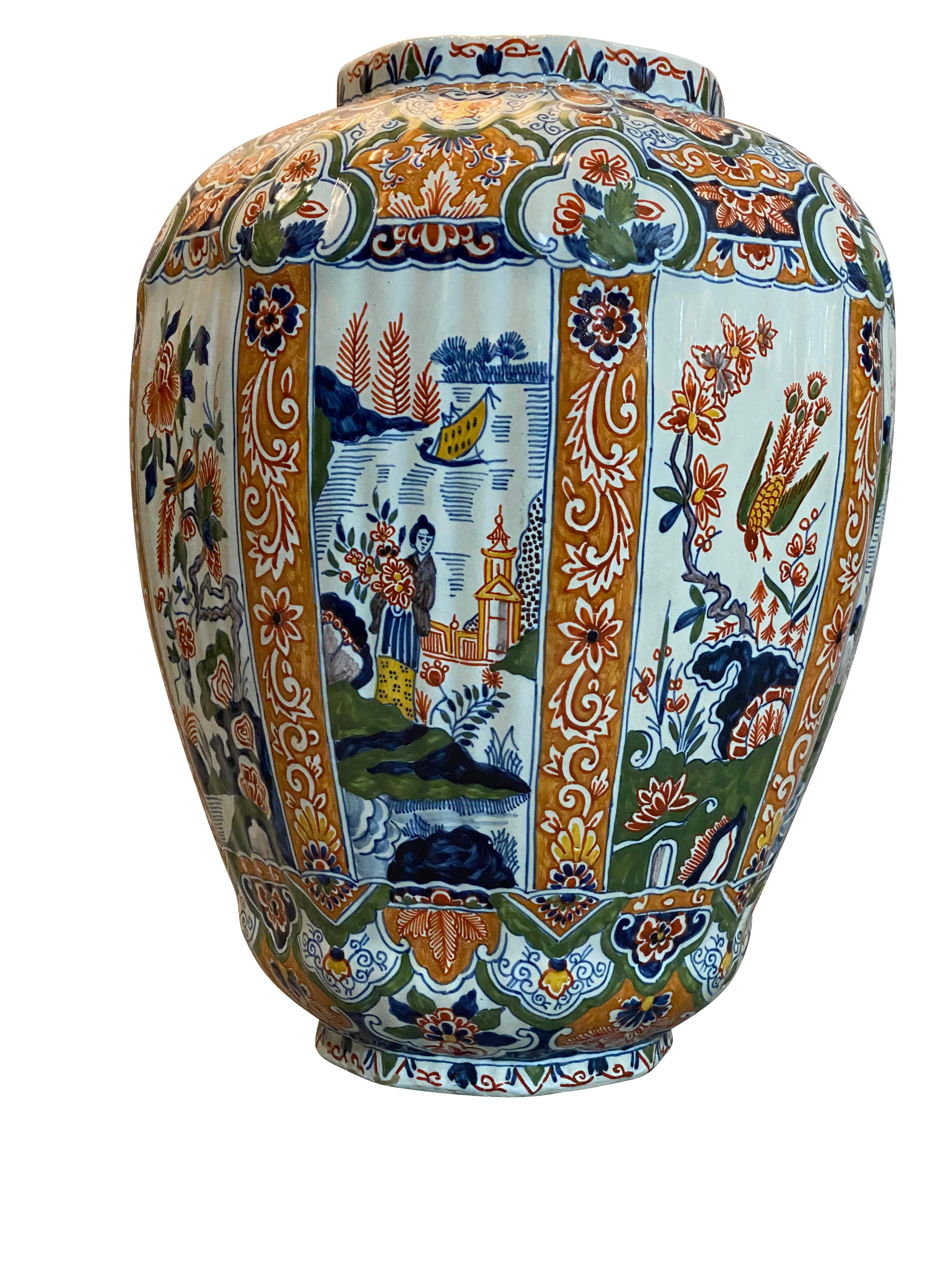 Delft Polychrome Decorated Melon Form Covered Vase For Sale 6
