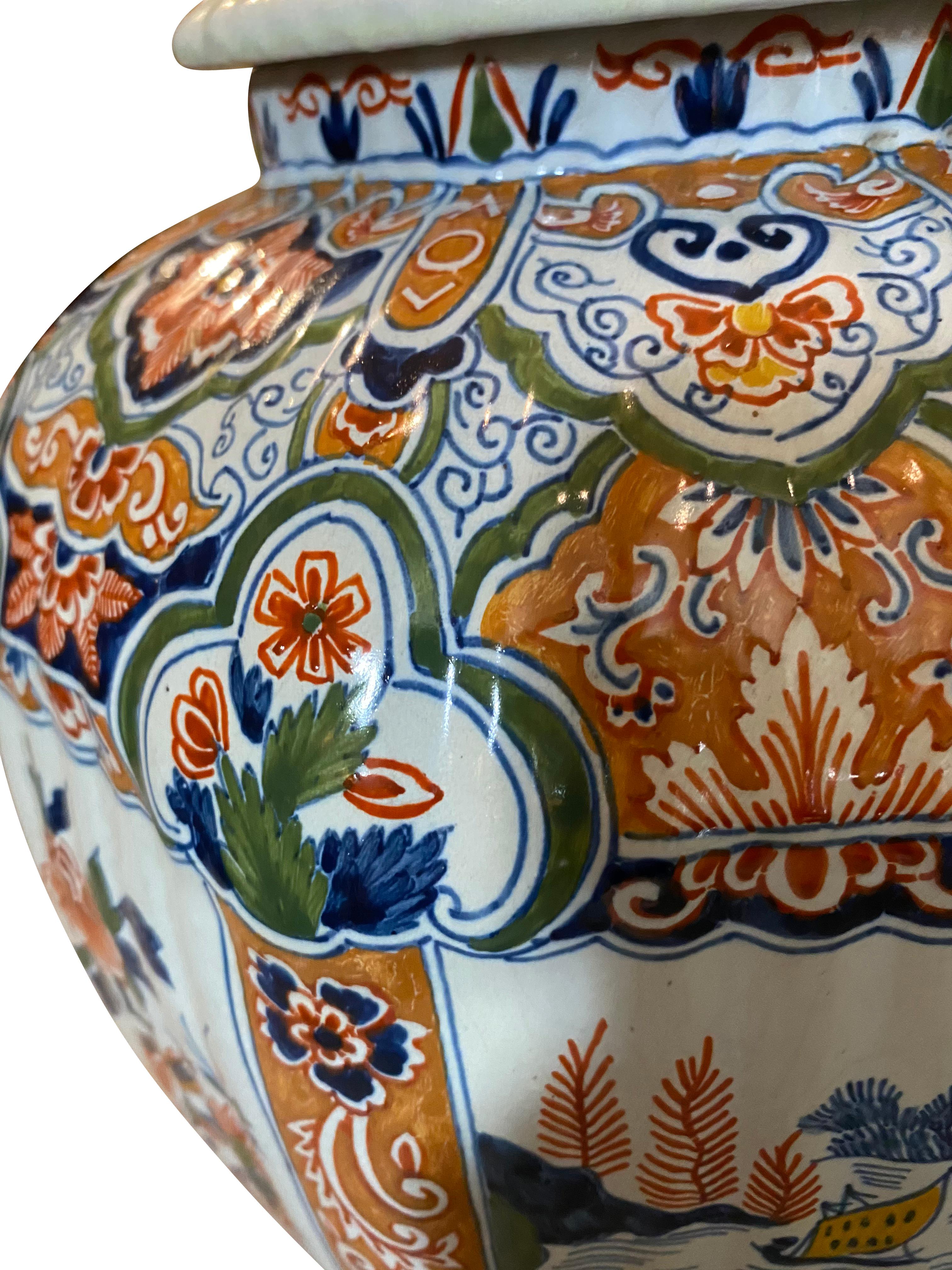 18th Century Delft Polychrome Decorated Melon Form Covered Vase For Sale
