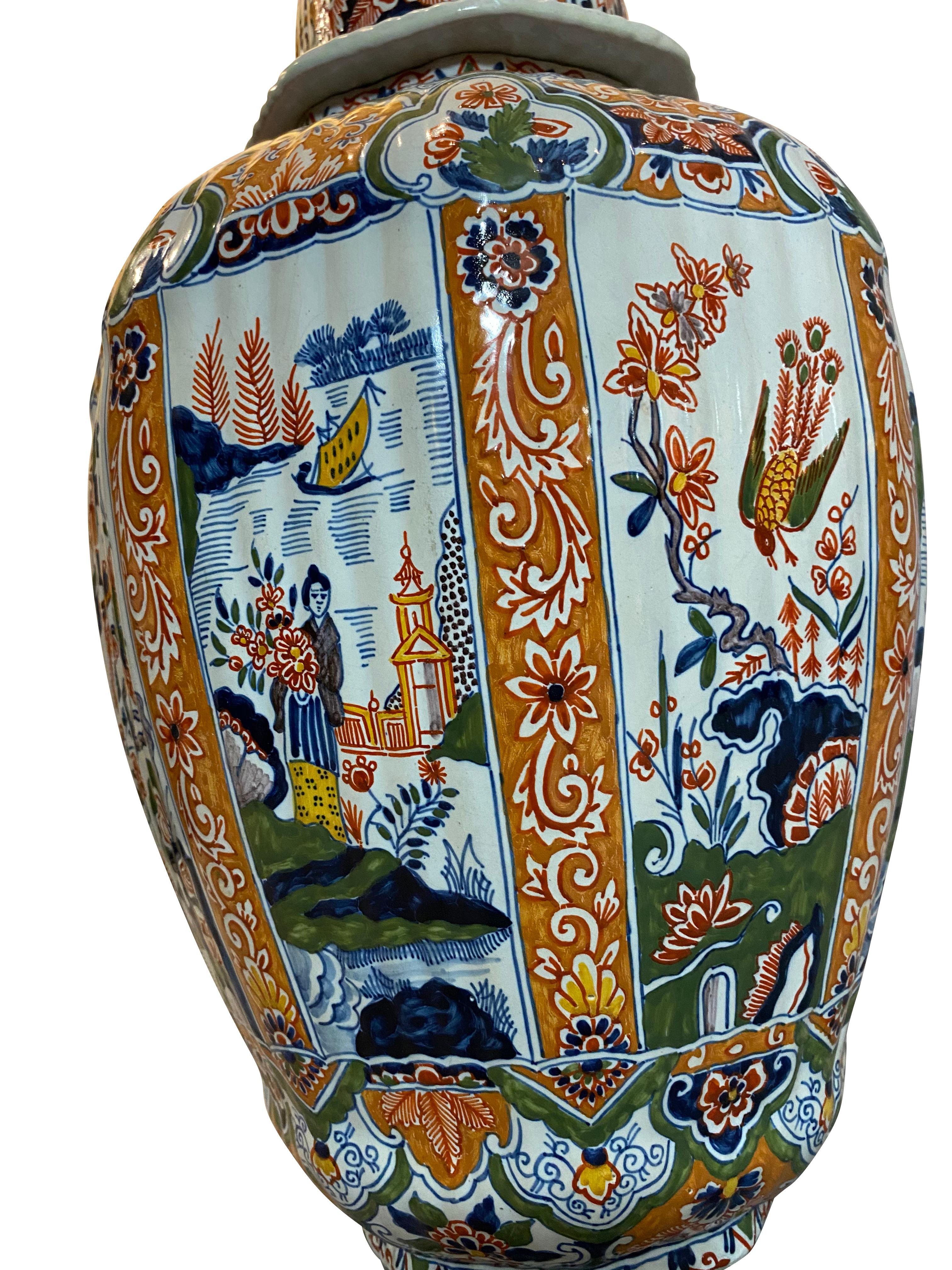 Pottery Delft Polychrome Decorated Melon Form Covered Vase For Sale