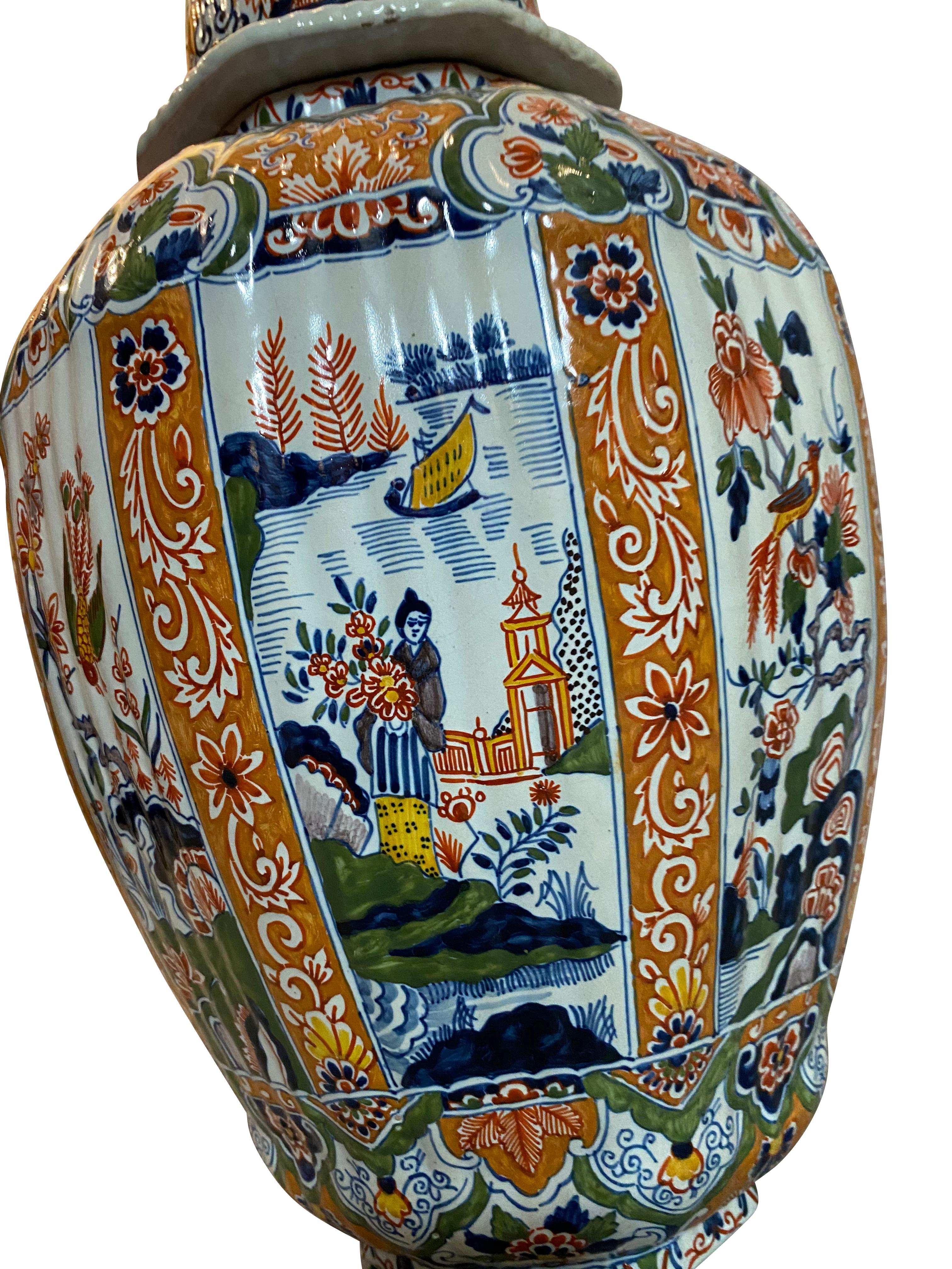 Delft Polychrome Decorated Melon Form Covered Vase For Sale 1