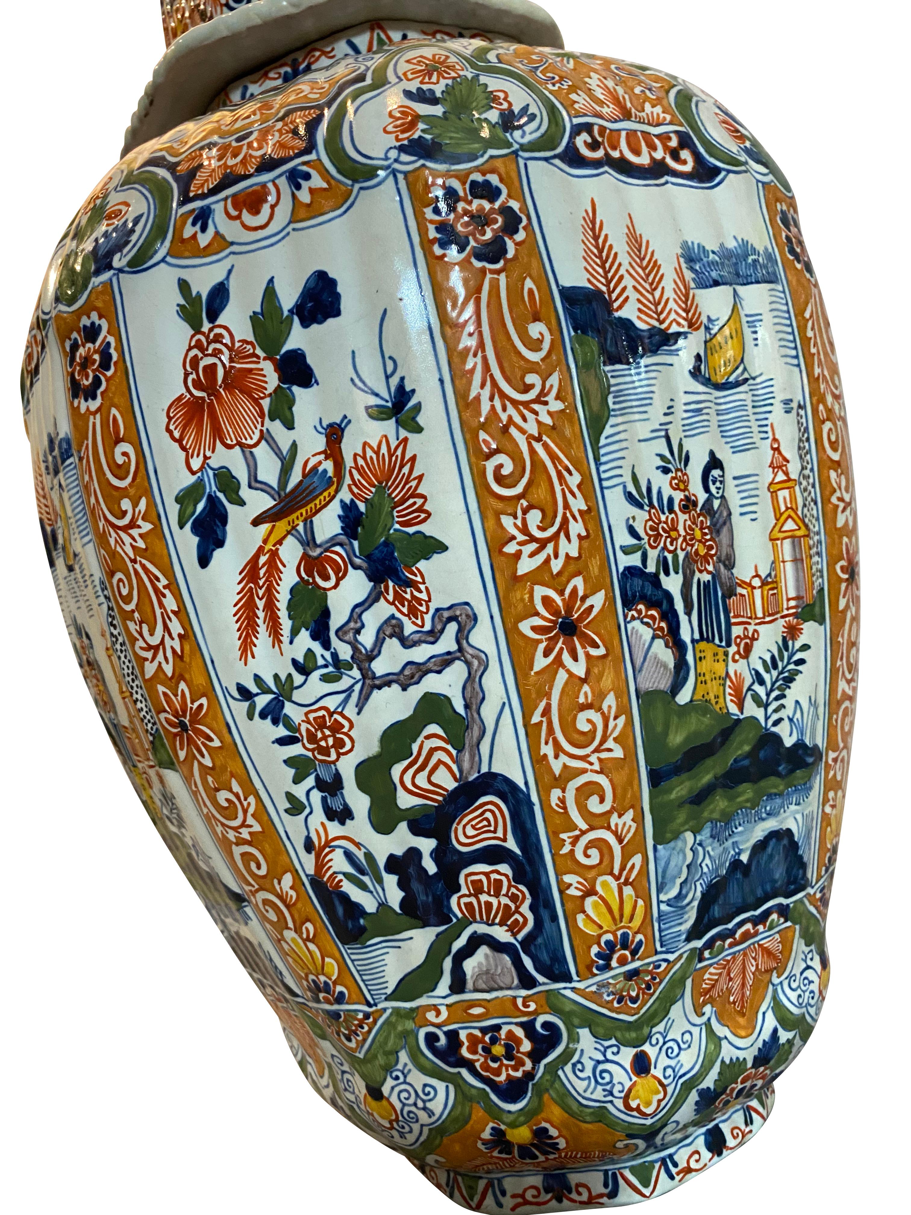 Delft Polychrome Decorated Melon Form Covered Vase For Sale 2