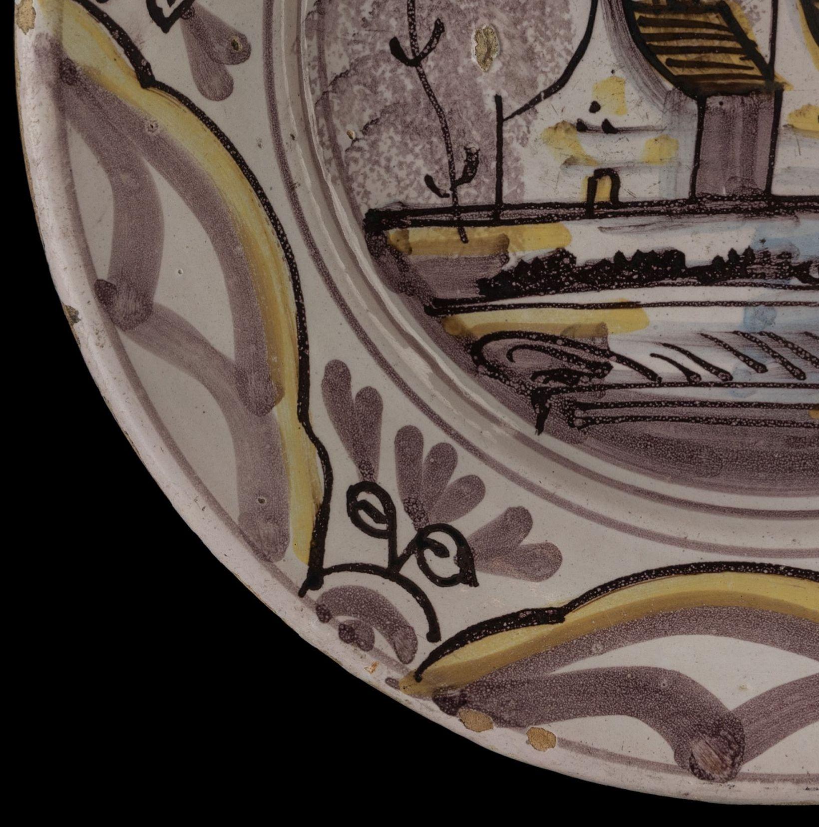Delft Polychrome Dish with a Village View the Netherlands, 1675-1725 For Sale 3