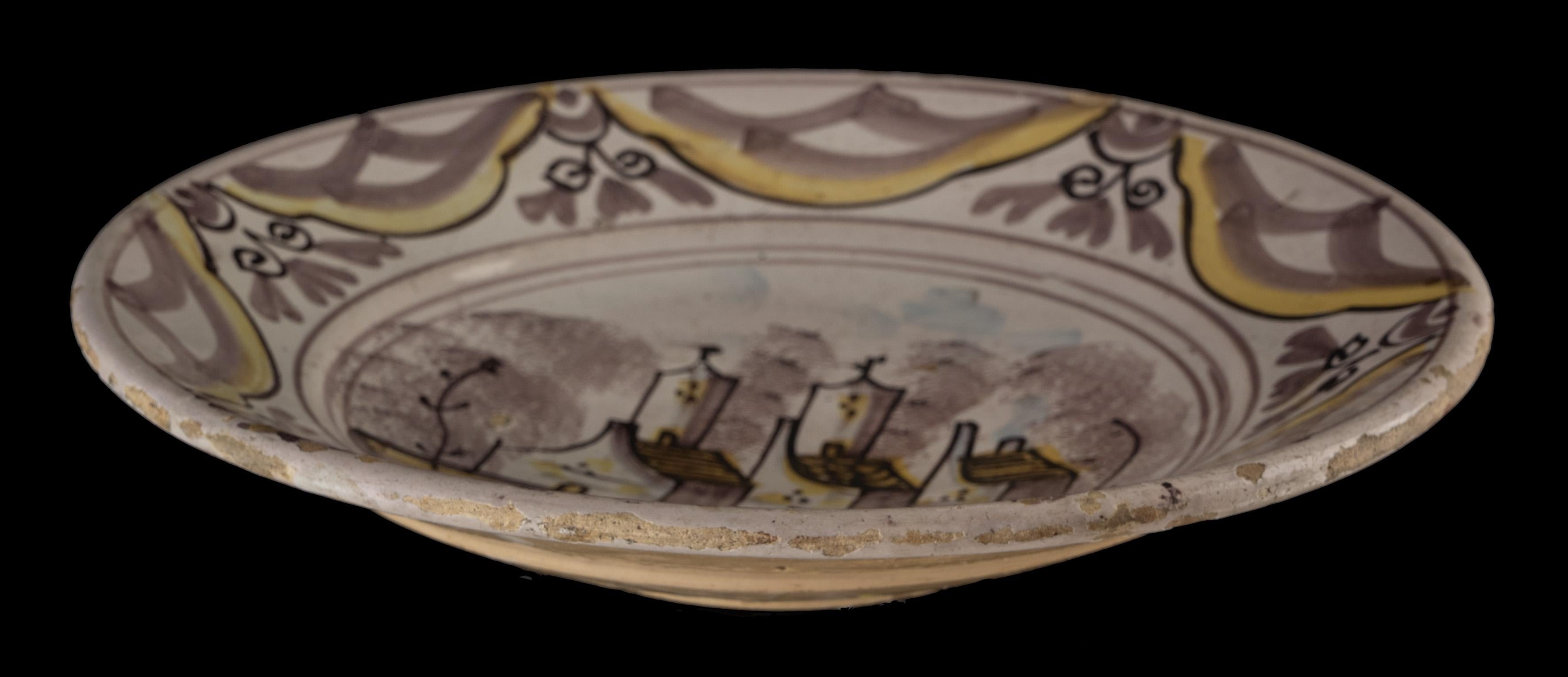 Baroque Delft Polychrome Dish with a Village View the Netherlands, 1675-1725 For Sale