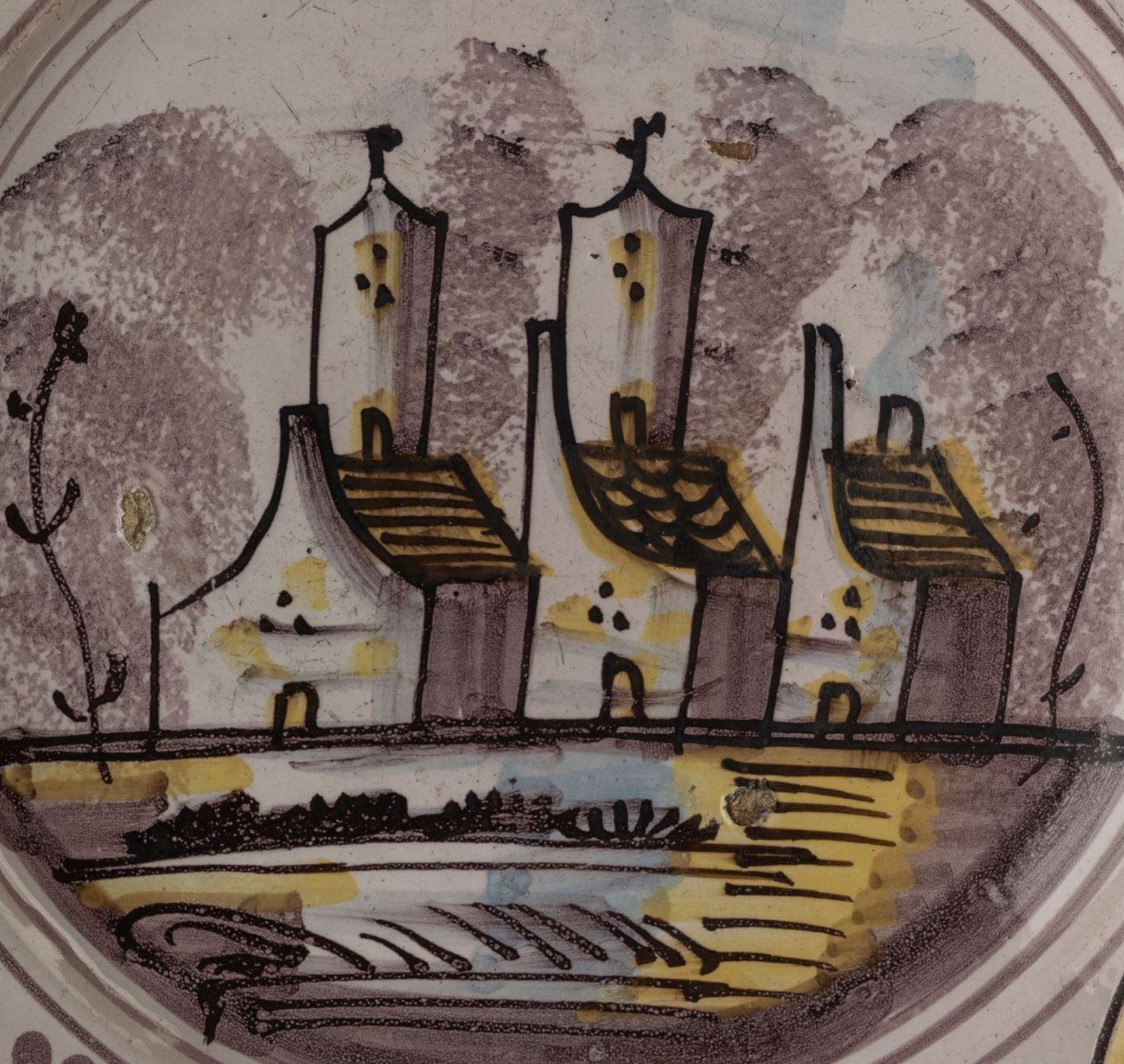 18th Century Delft Polychrome Dish with a Village View the Netherlands, 1675-1725 For Sale