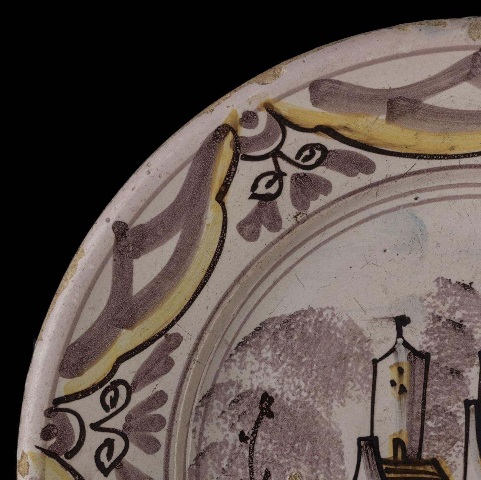 Ceramic Delft Polychrome Dish with a Village View the Netherlands, 1675-1725 For Sale