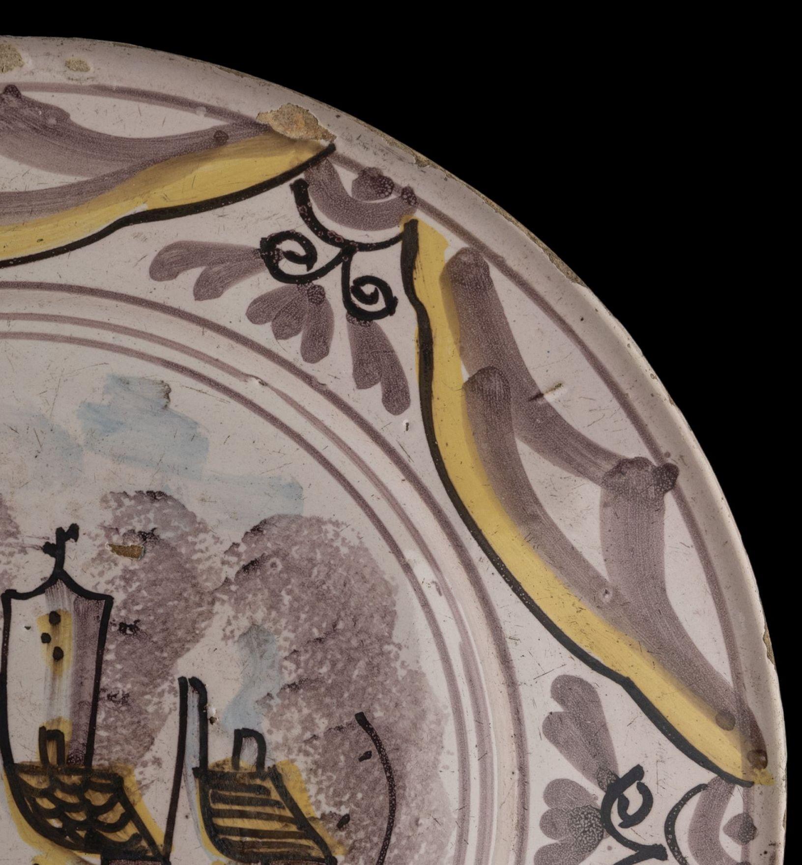 Delft Polychrome Dish with a Village View the Netherlands, 1675-1725 For Sale 1