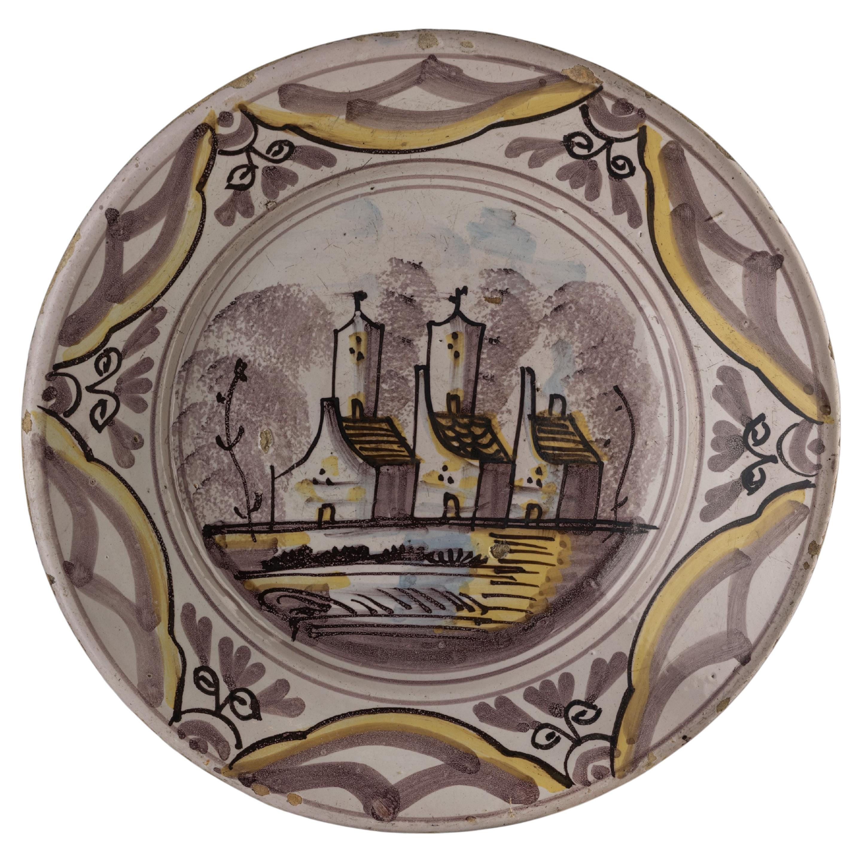 Delft Polychrome Dish with a Village View the Netherlands, 1675-1725