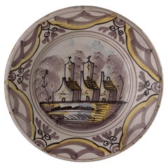 Antique Delft Polychrome Dish with a Village View the Netherlands, 1675-1725