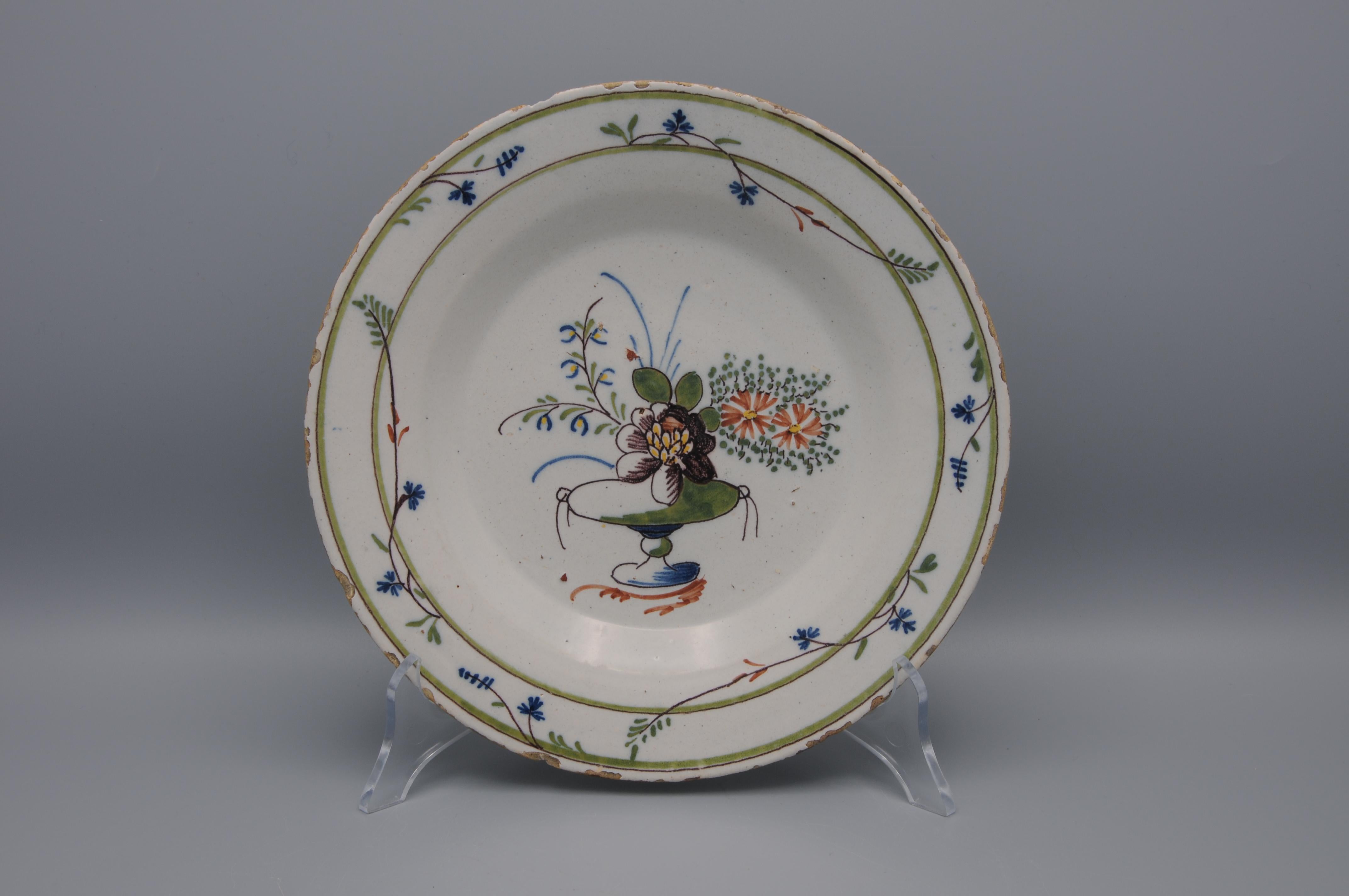 Neoclassical Delft polychrome Louis XVI neoclassical cornflowers plate - late 18th century
