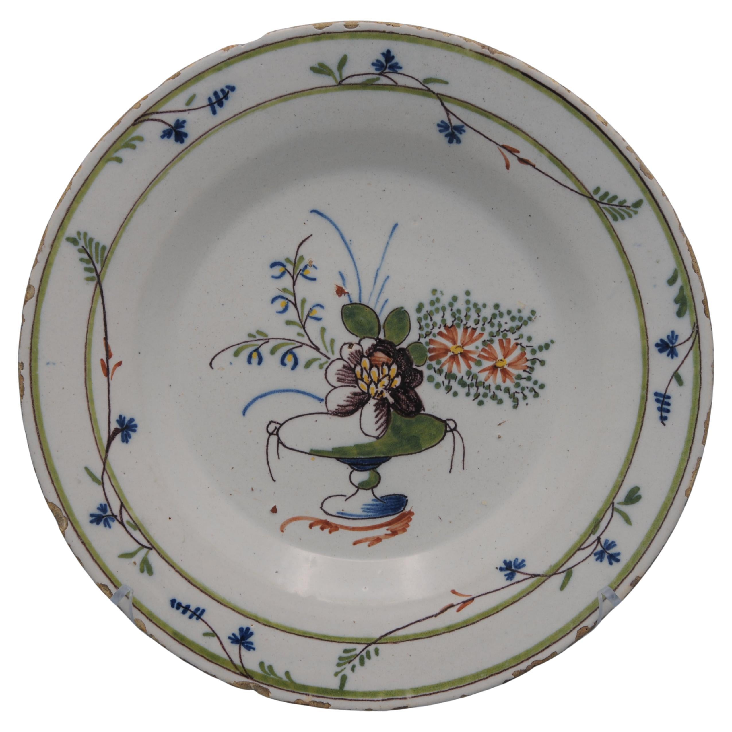 Delft polychrome Louis XVI neoclassical cornflowers plate - late 18th century