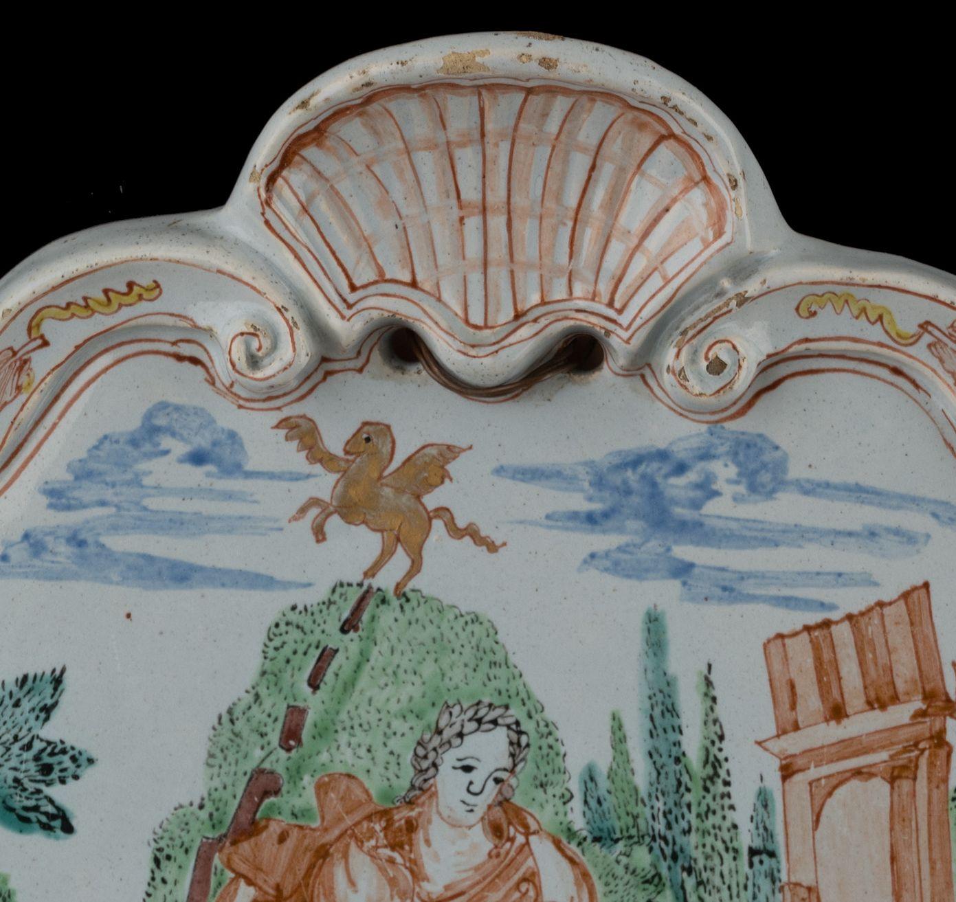 Glazed Delft Polychrome plaque with an allegorical depiction 1730-1750  For Sale