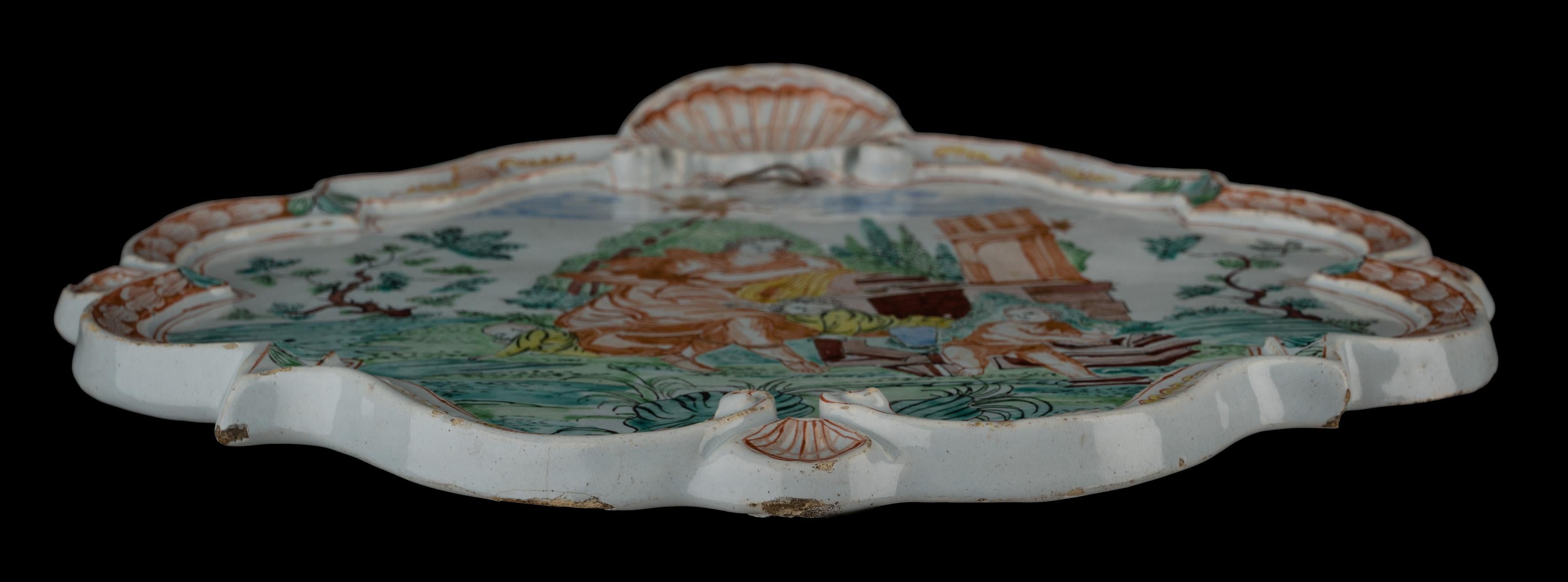 18th Century Delft Polychrome plaque with an allegorical depiction 1730-1750  For Sale