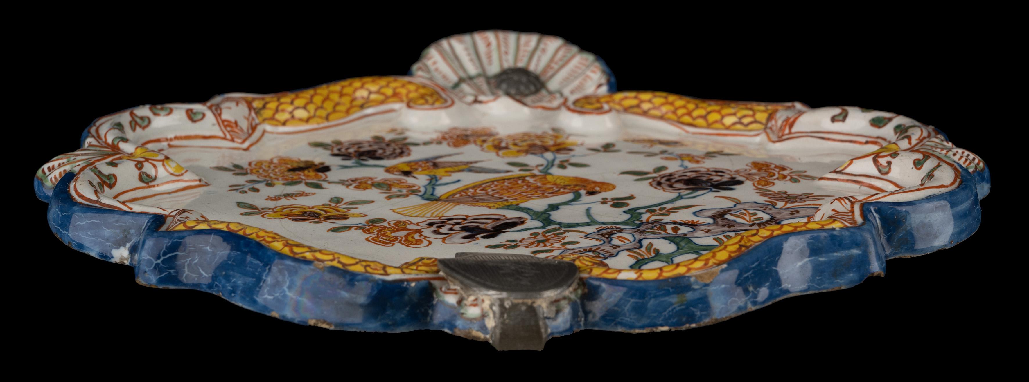 Delft Polychrome Plakette mit floralem Chinoiserie-Dekor und Vögeln 1740-1760  im Angebot 2