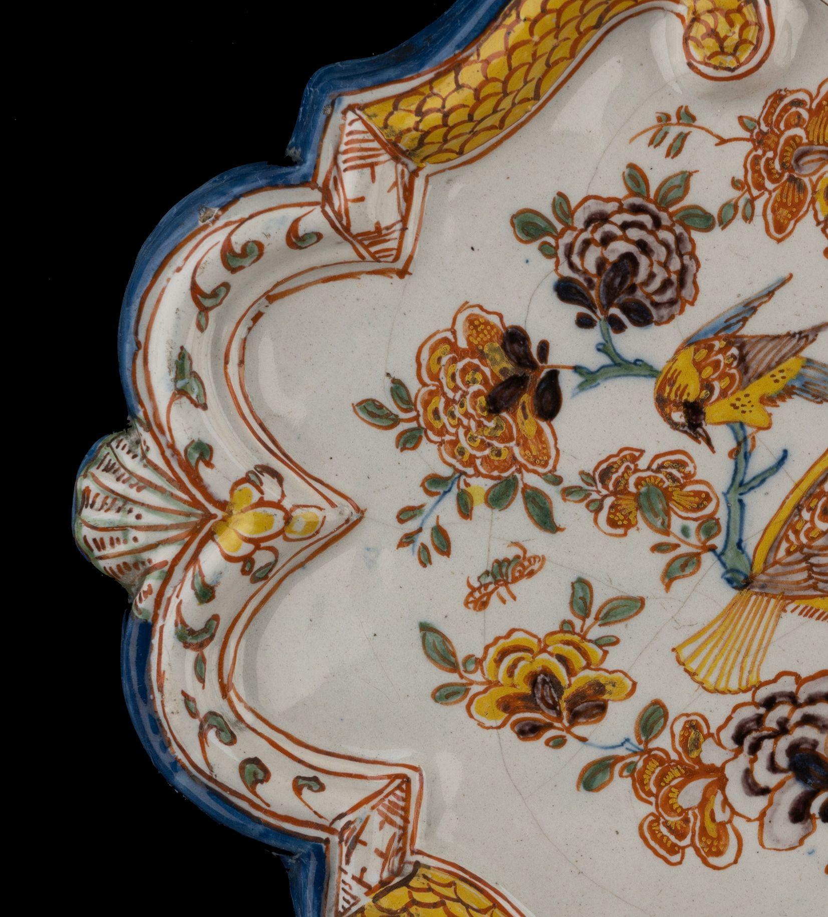Glazed Delft Polychrome plaque with floral chinoiserie decor and birds 1740-1760  For Sale