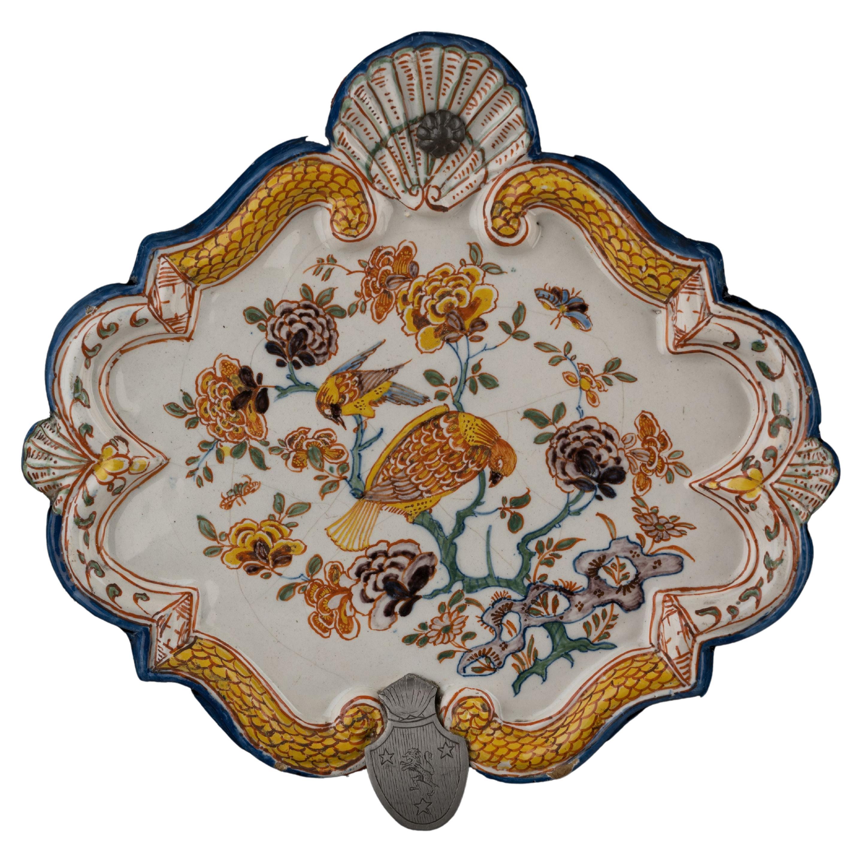 Delft Polychrome plaque with floral chinoiserie decor and birds 1740-1760  For Sale