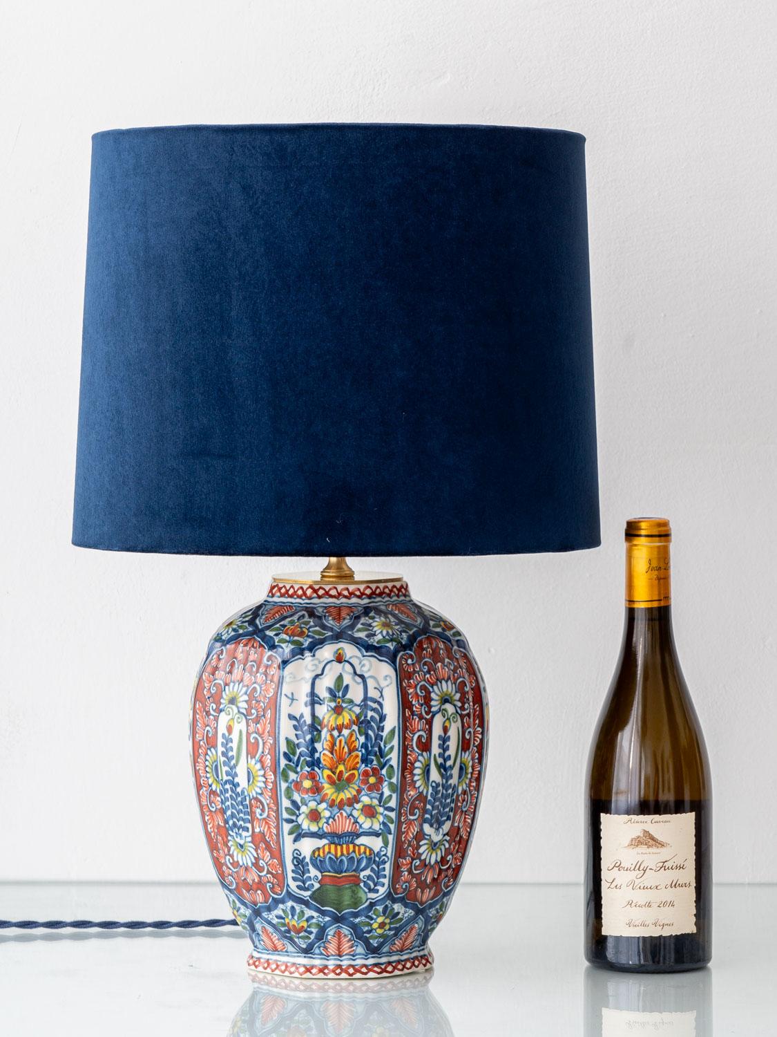 Chinoiserie Delft Polychrome Table Lamp by Tichelaar Makkum with New Indigo Velvet Shade For Sale