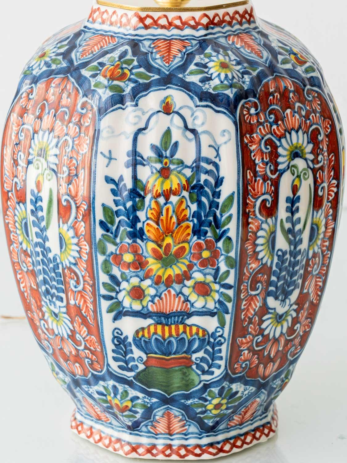 Dutch Delft Polychrome Table Lamp by Tichelaar Makkum with New Indigo Velvet Shade For Sale
