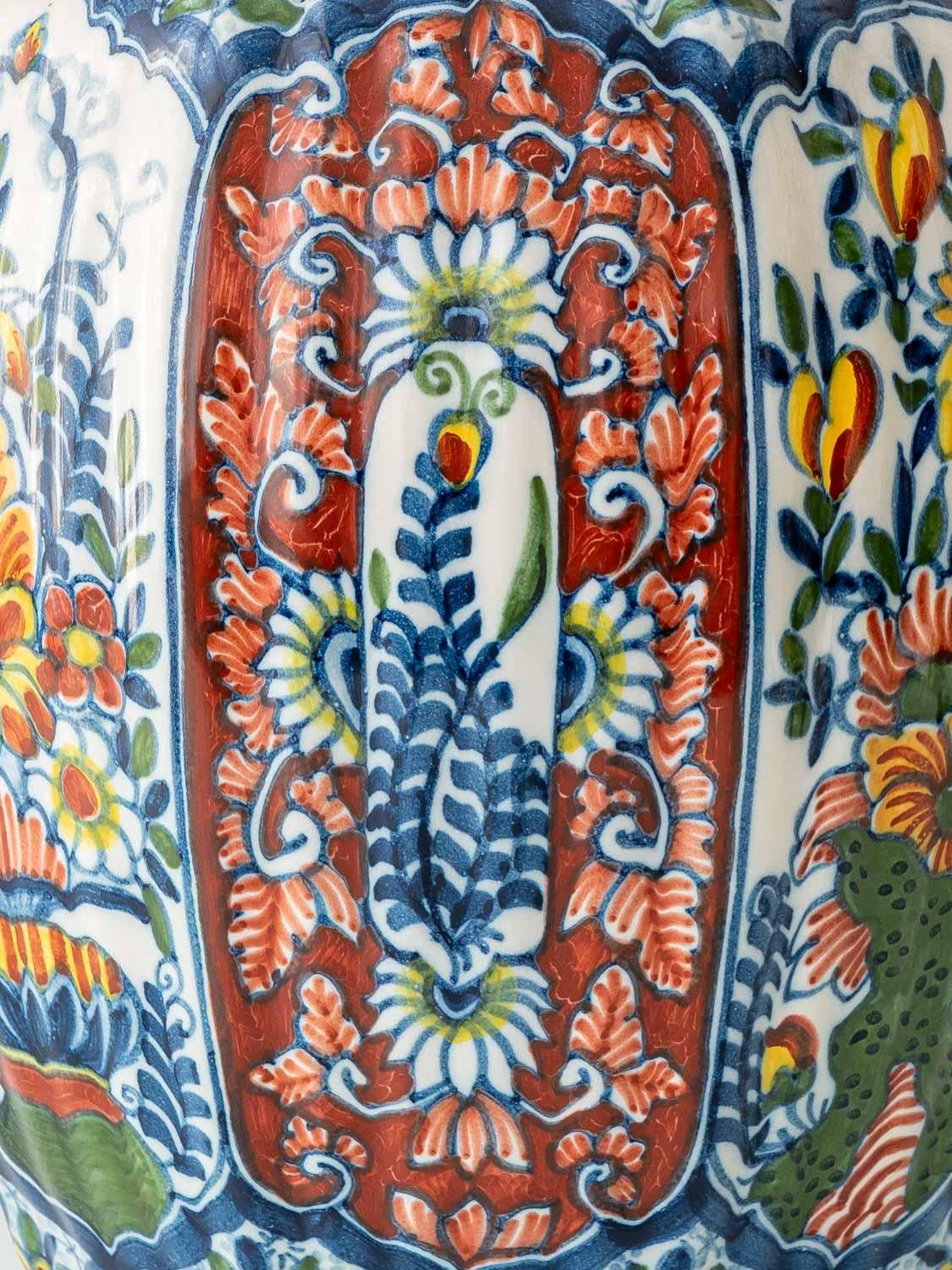 20th Century Delft Polychrome Table Lamp by Tichelaar Makkum with New Indigo Velvet Shade For Sale