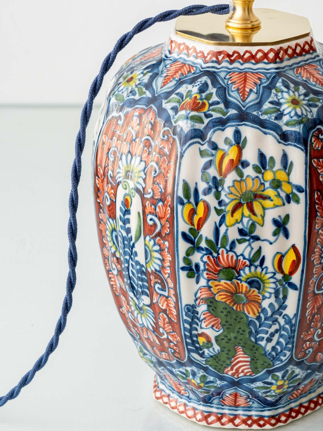 Delft Polychrome Table Lamp by Tichelaar Makkum with New Indigo Velvet Shade For Sale 1