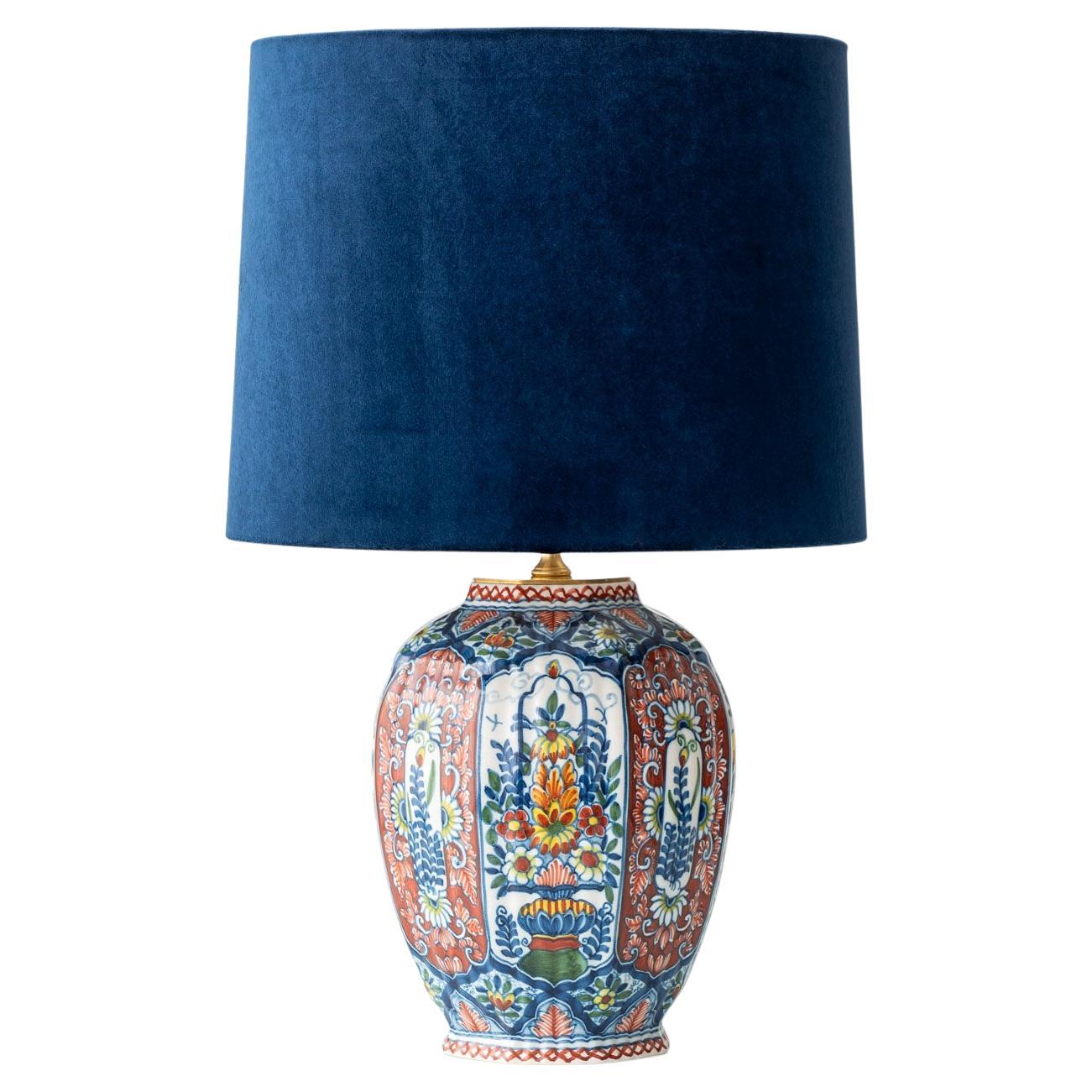 Delft Polychrome Table Lamp by Tichelaar Makkum with New Indigo Velvet Shade