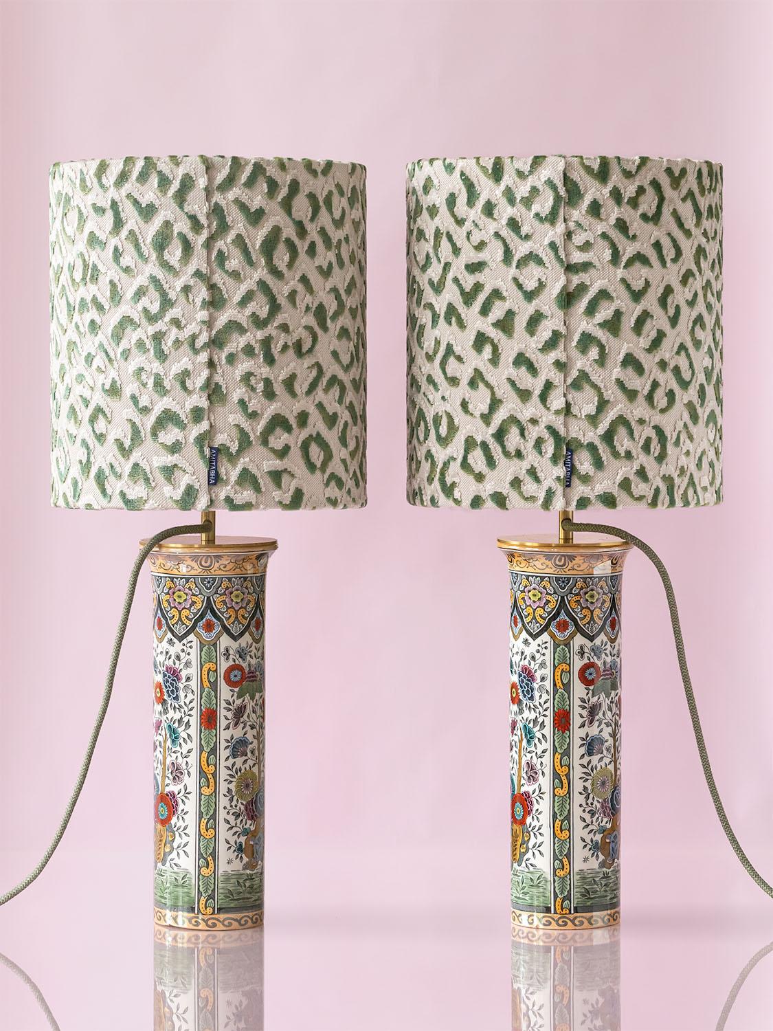 Dutch Delft Polychrome Table Lamps, De Sphinx/Petrus Regout, New Leopard Print Shades
