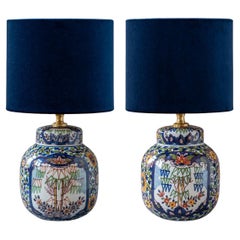 Delft Polychrome Table Lamps from Royal Tichelaar Makkum, New Navy Velvet Shades