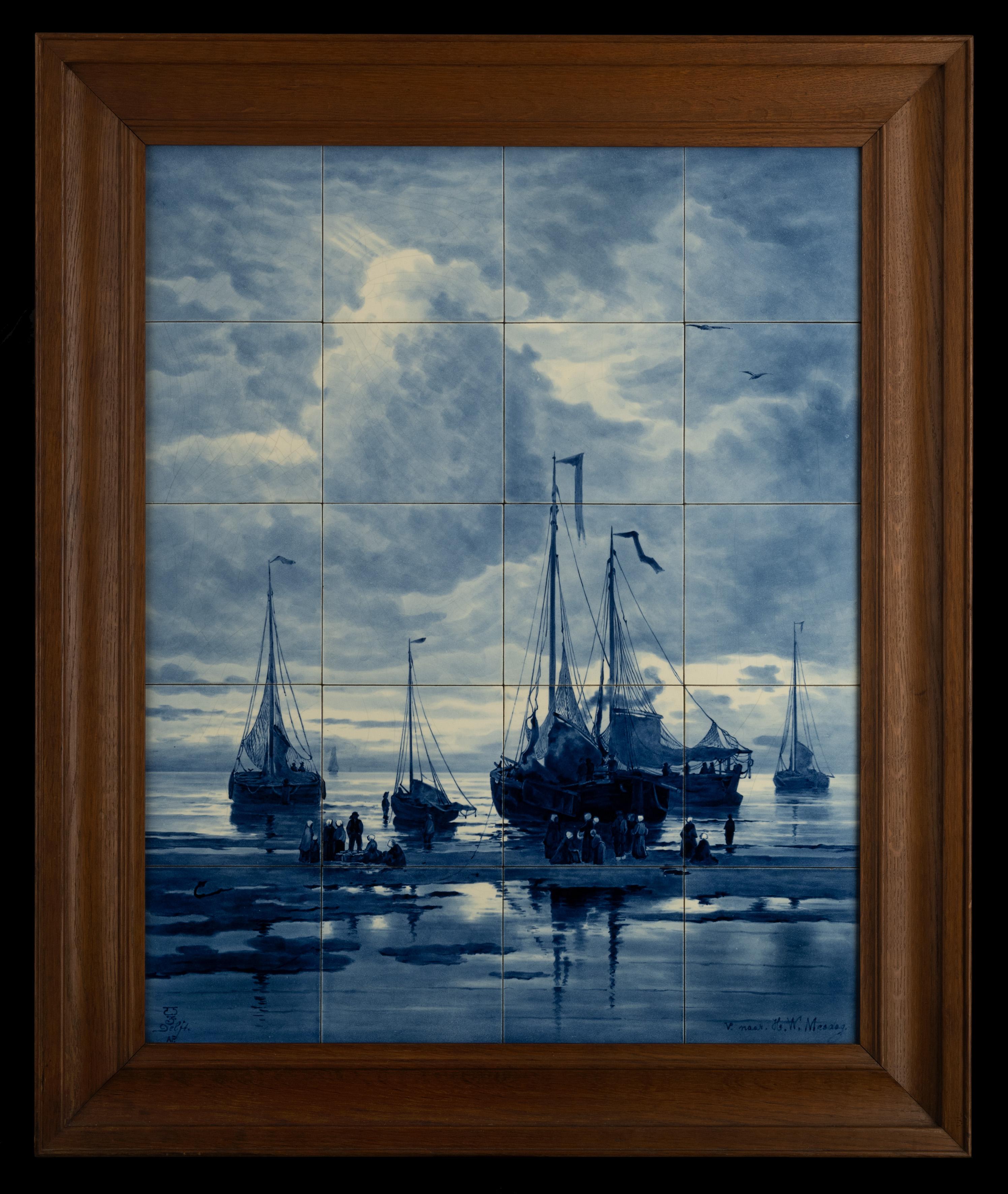 Dutch Delft, Porceleyne Fles Tile Panel after a Painting by Mesdag For Sale
