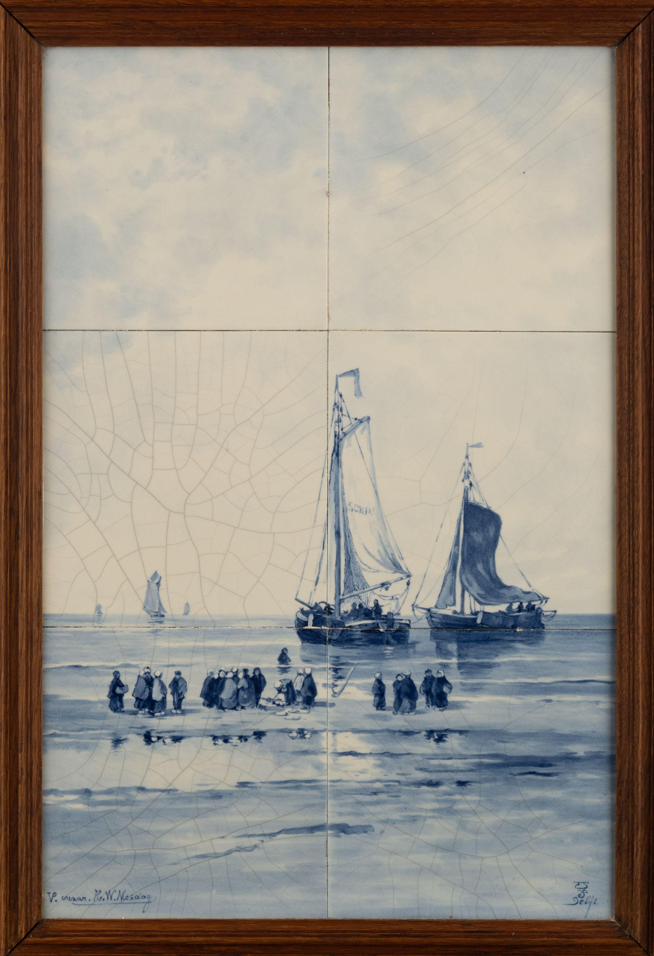 Dutch Delft, Porceleyne Fles Tile Panel after a Painting by Mesdag  For Sale