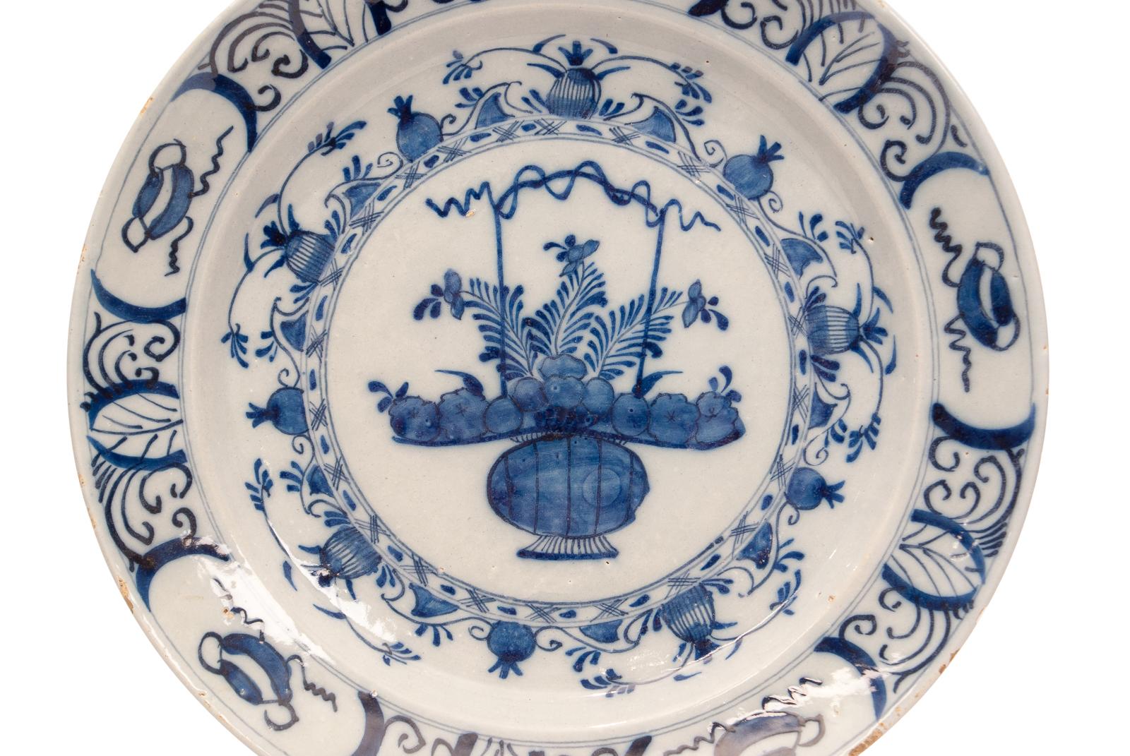 A late 17th-early 18th century Dutch blue and white delft charger. Made to imitate oriental blue and white. The tin glaze and pottery used meant that these pieces are fairly fragile and hard to find as so many where broken over time. At the moment
