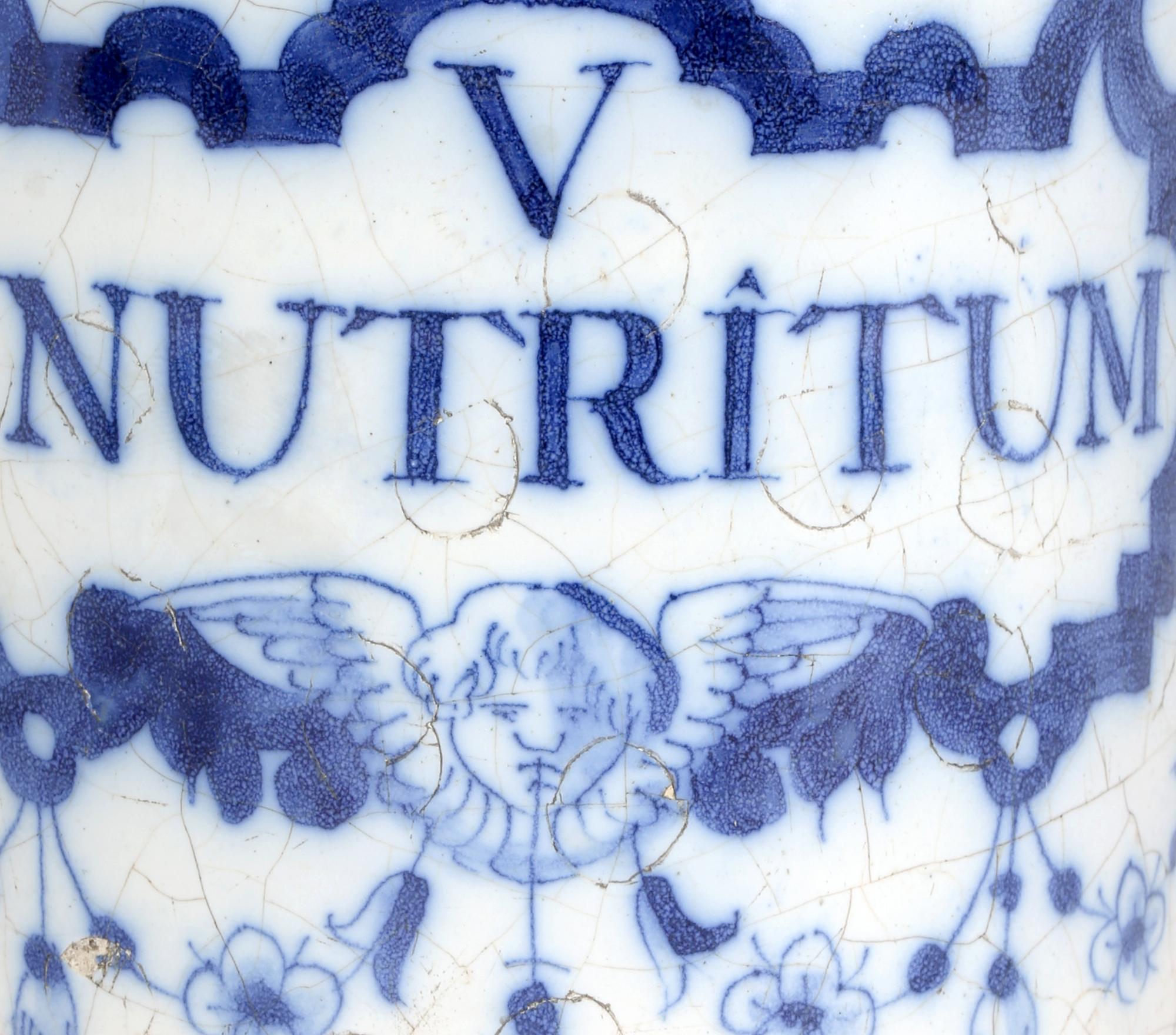 Delft Pottery Early 18th Century Apothecary Jar Marked Nutritum 4