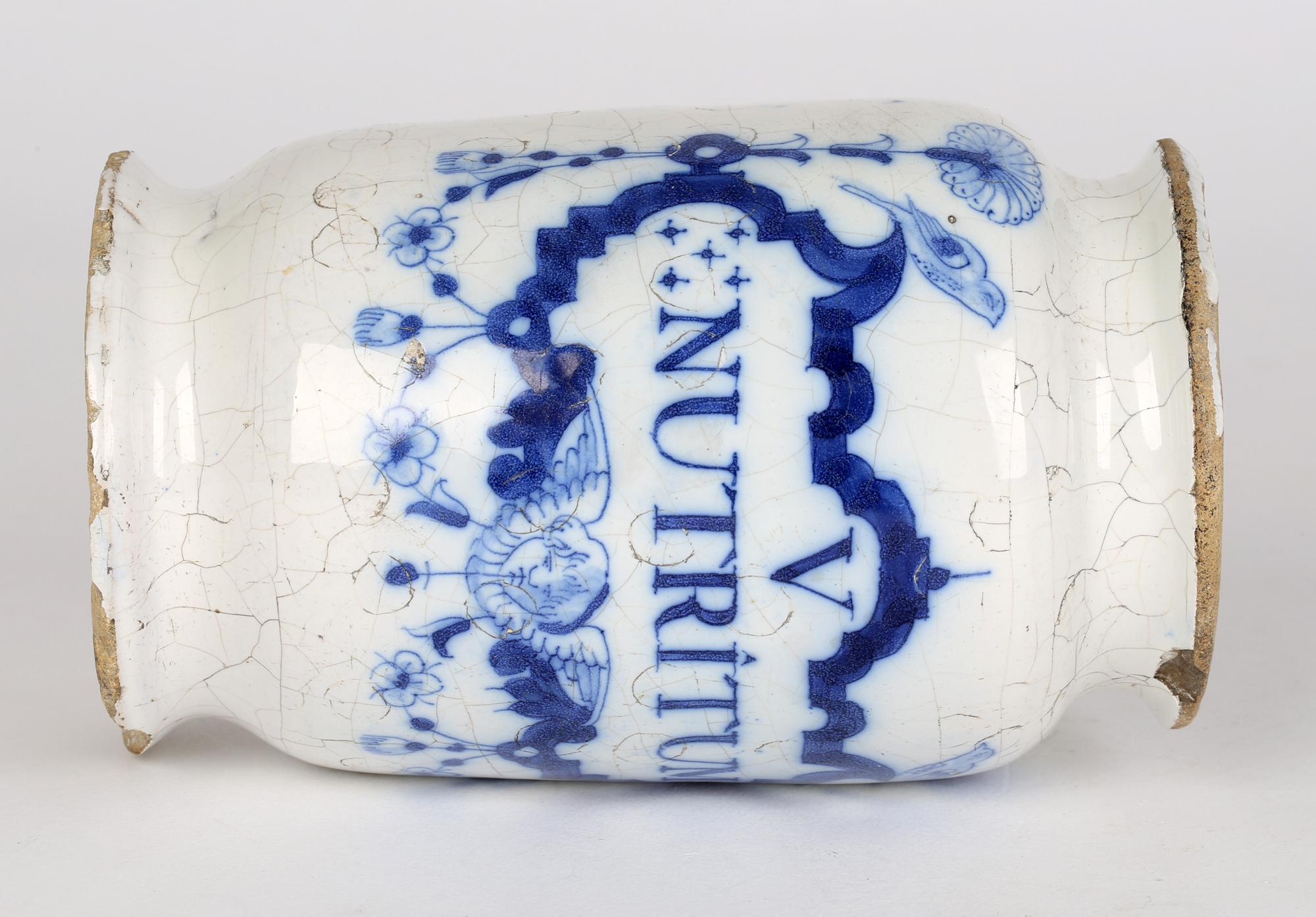 Delft Pottery Early 18th Century Apothecary Jar Marked Nutritum 5