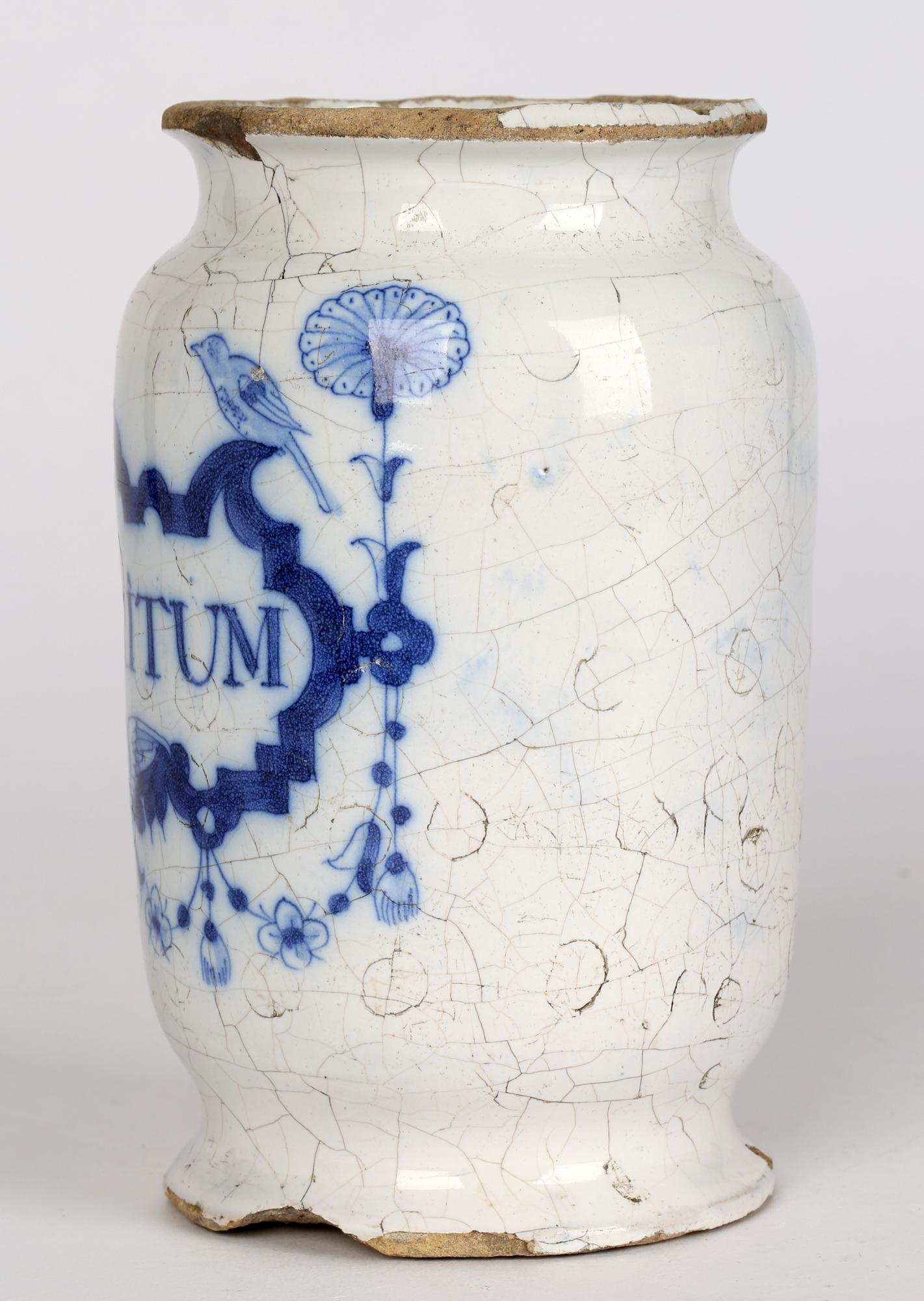 Delft Pottery Early 18th Century Apothecary Jar Marked Nutritum 6