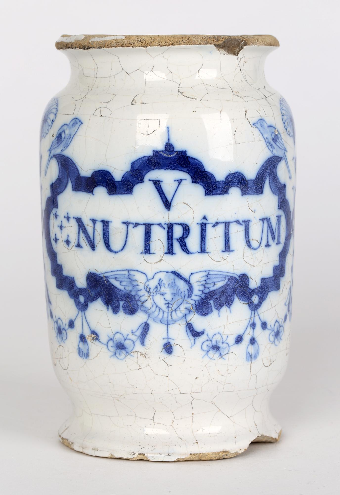 Delft Pottery Early 18th Century Apothecary Jar Marked Nutritum 8