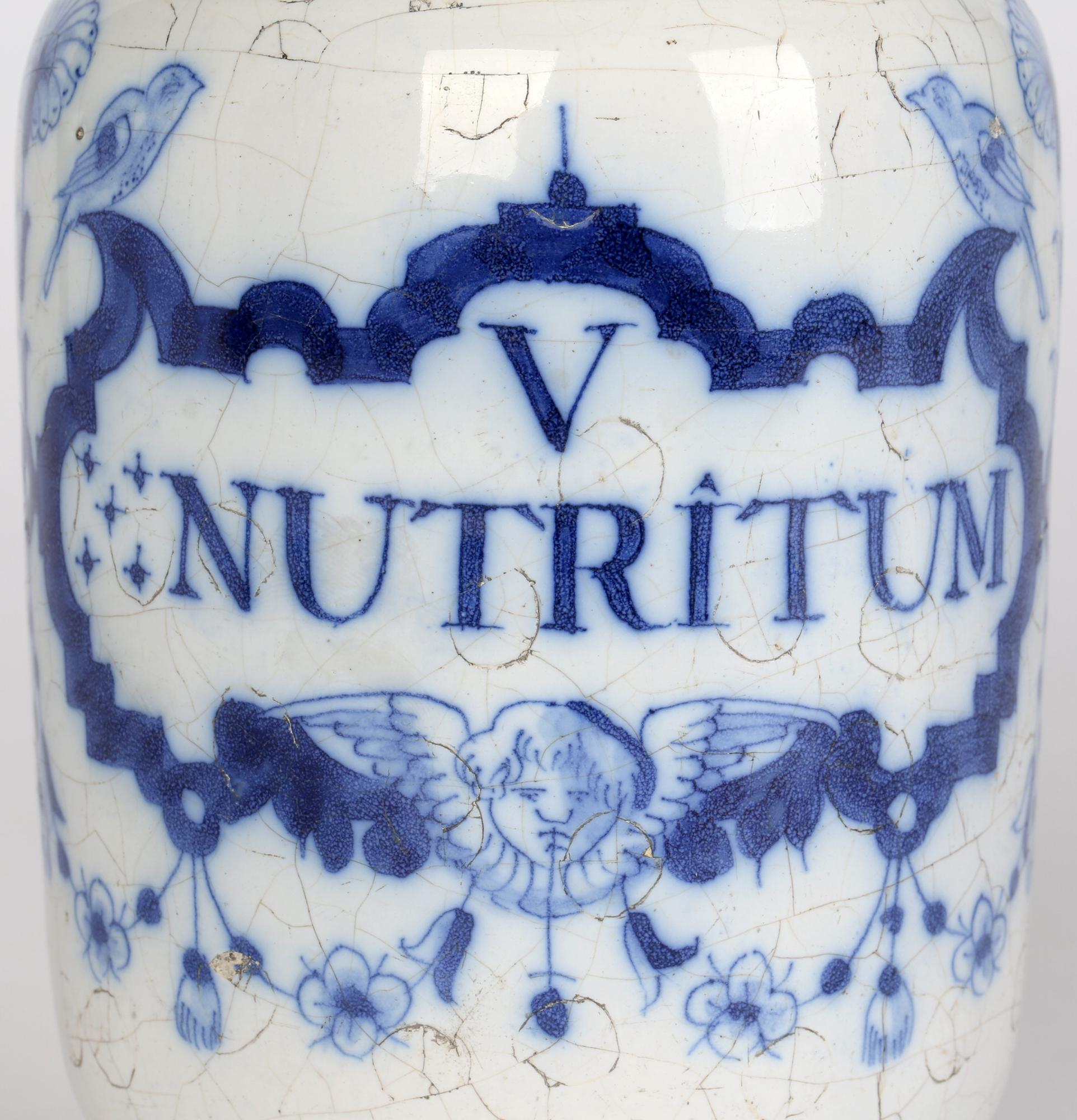 Delft Pottery Early 18th Century Apothecary Jar Marked Nutritum 9