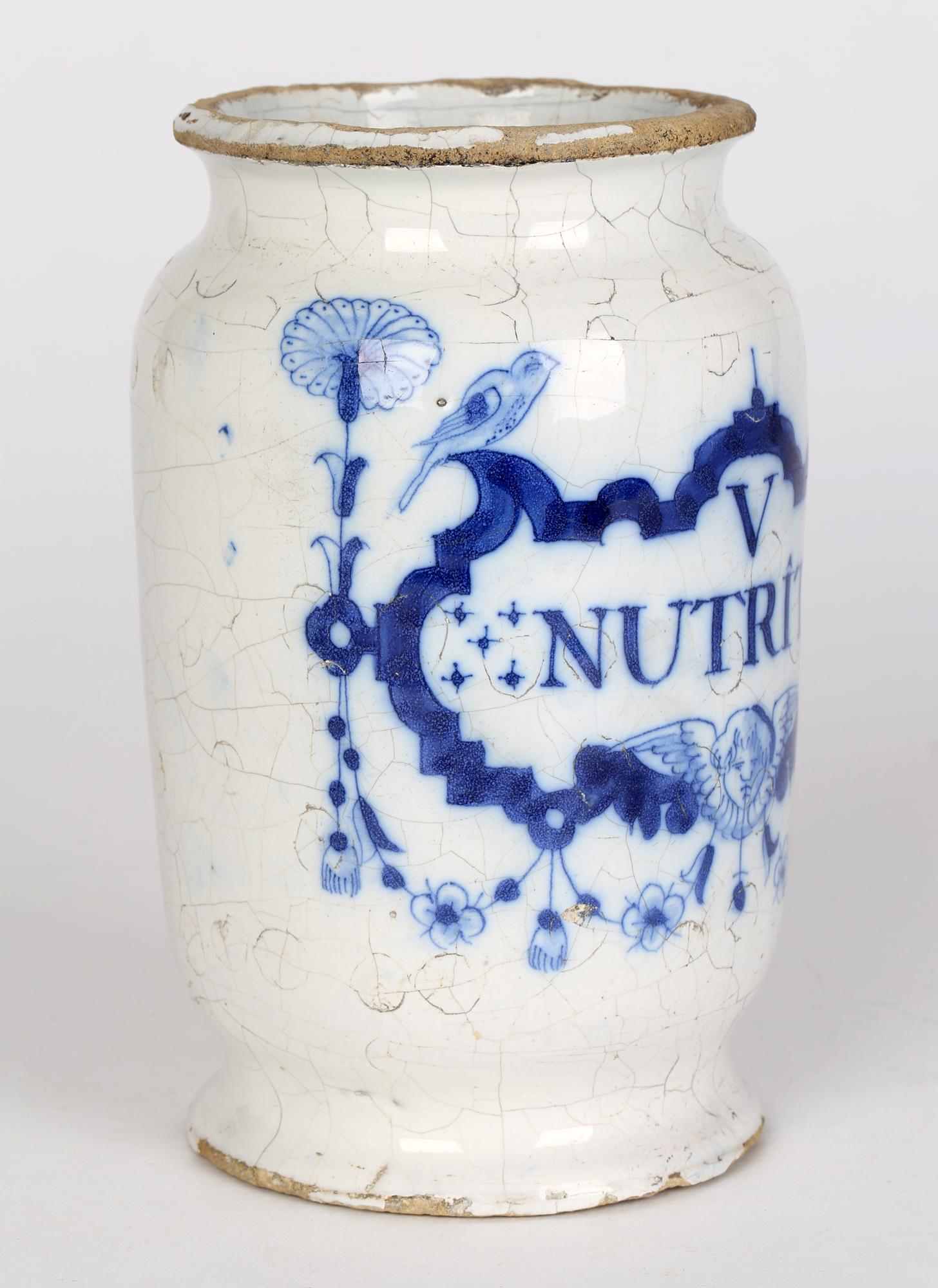 Delft Pottery Early 18th Century Apothecary Jar Marked Nutritum 10
