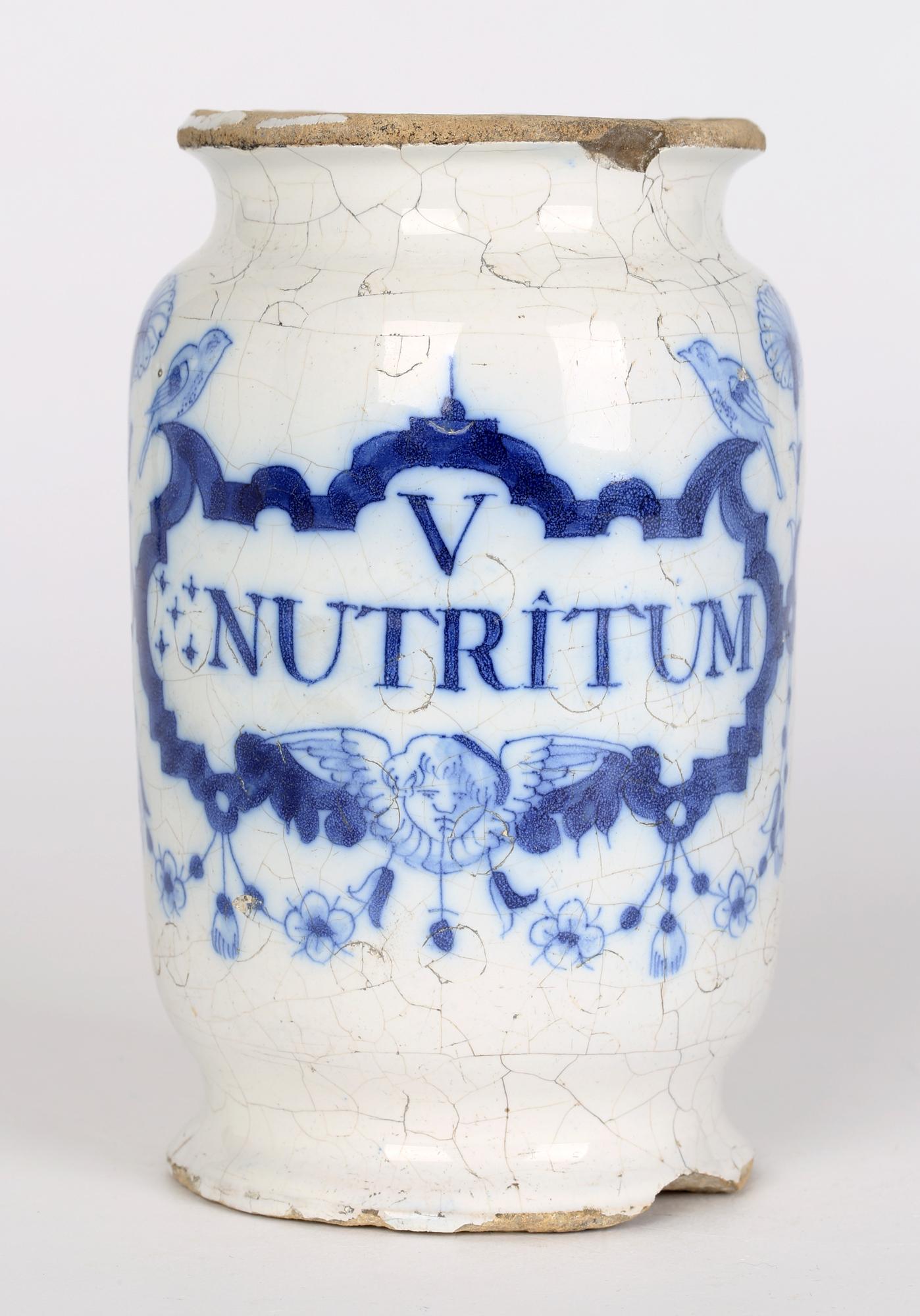 Delft Pottery Early 18th Century Apothecary Jar Marked Nutritum 13