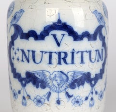 Delft Pottery Early 18th Century Apothecary Jar Marked Nutritum