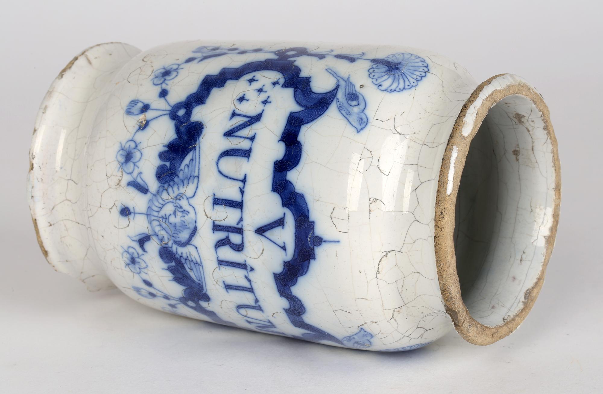 Glazed Delft Pottery Early 18th Century Apothecary Jar Marked Nutritum