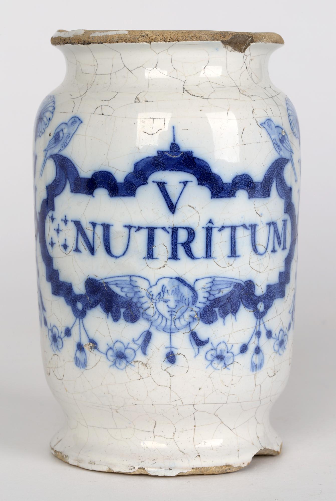 Delft Pottery Early 18th Century Apothecary Jar Marked Nutritum 3
