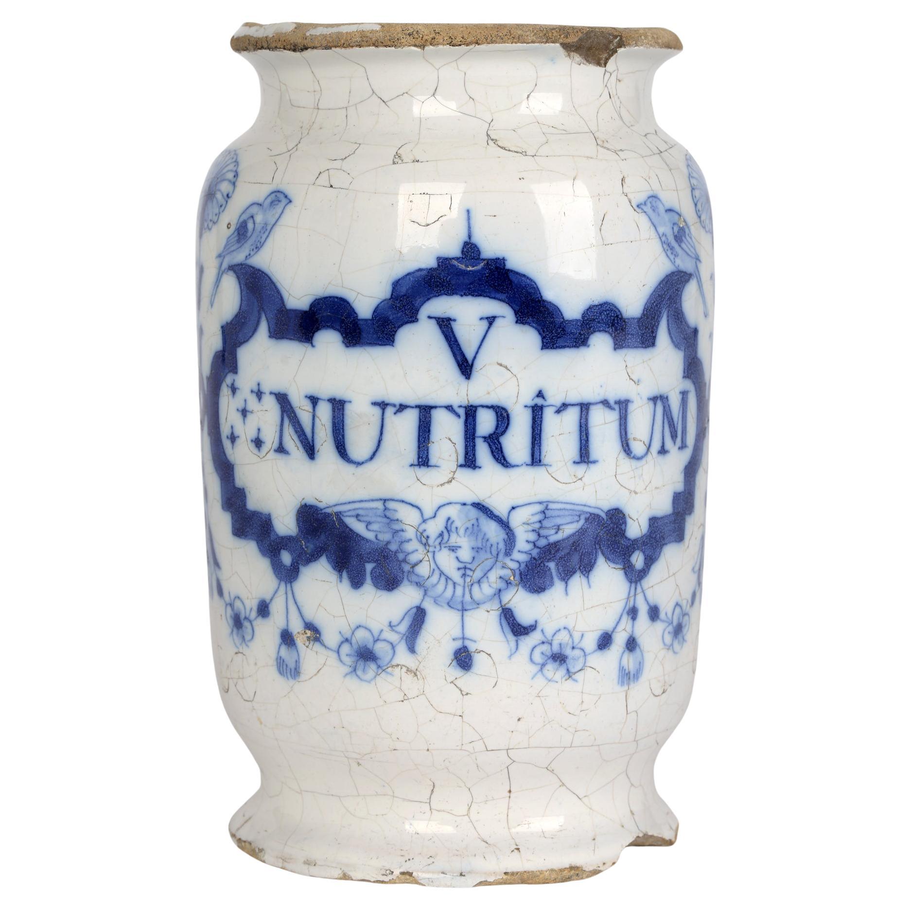 Delft Pottery Early 18th Century Apothecary Jar Marked Nutritum