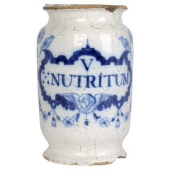 Antique Delft Pottery Early 18th Century Apothecary Jar Marked Nutritum