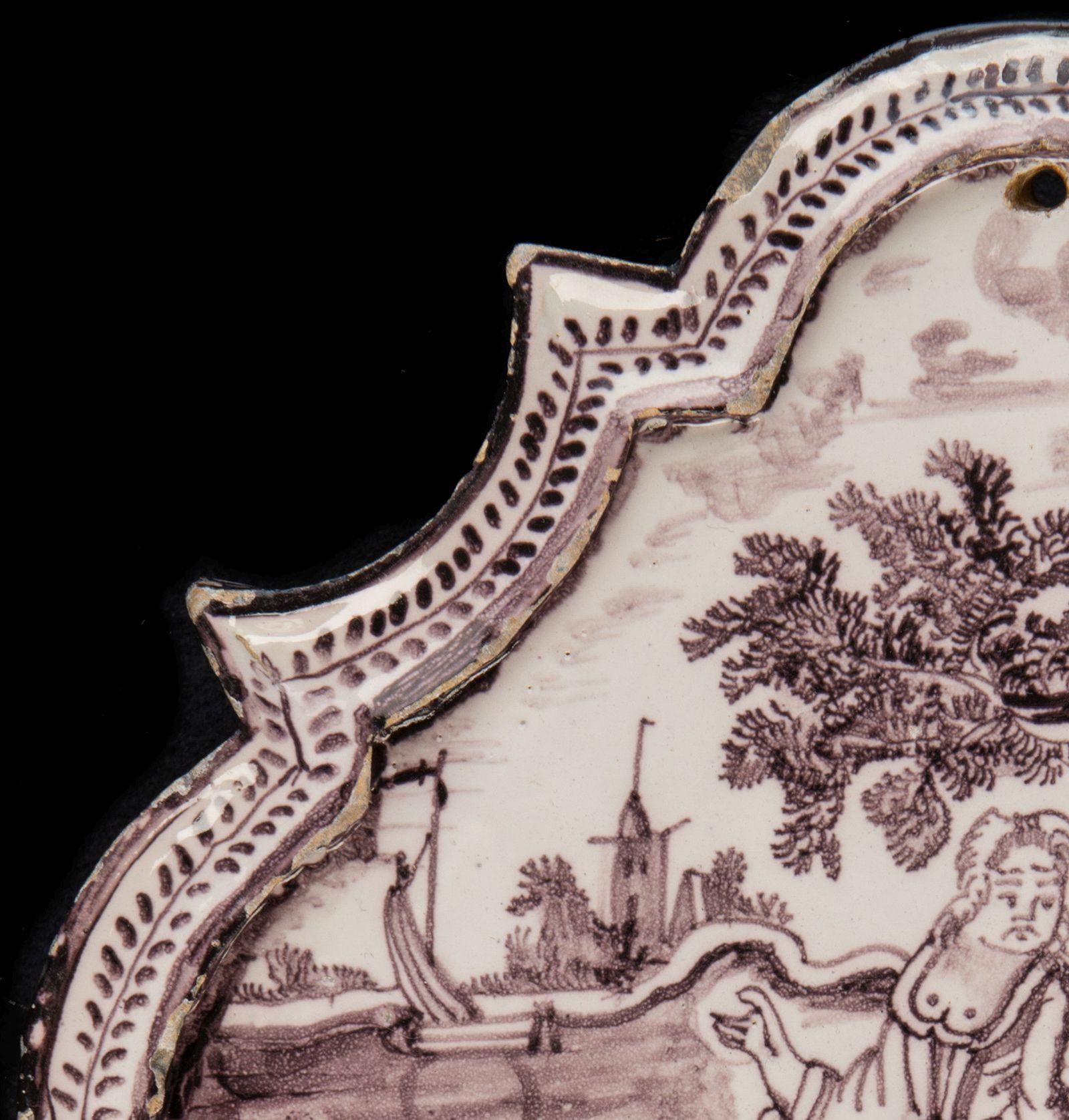 Baroque Delft Purple and white plaque with figures in a landscape Utrecht 1760 For Sale