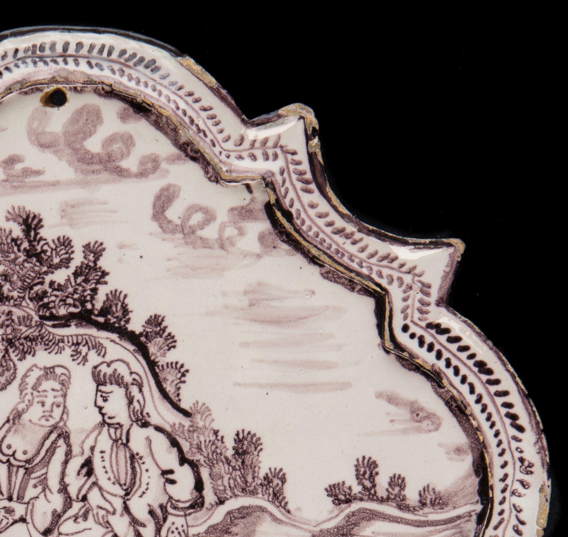 Dutch Delft Purple and white plaque with figures in a landscape Utrecht 1760 For Sale