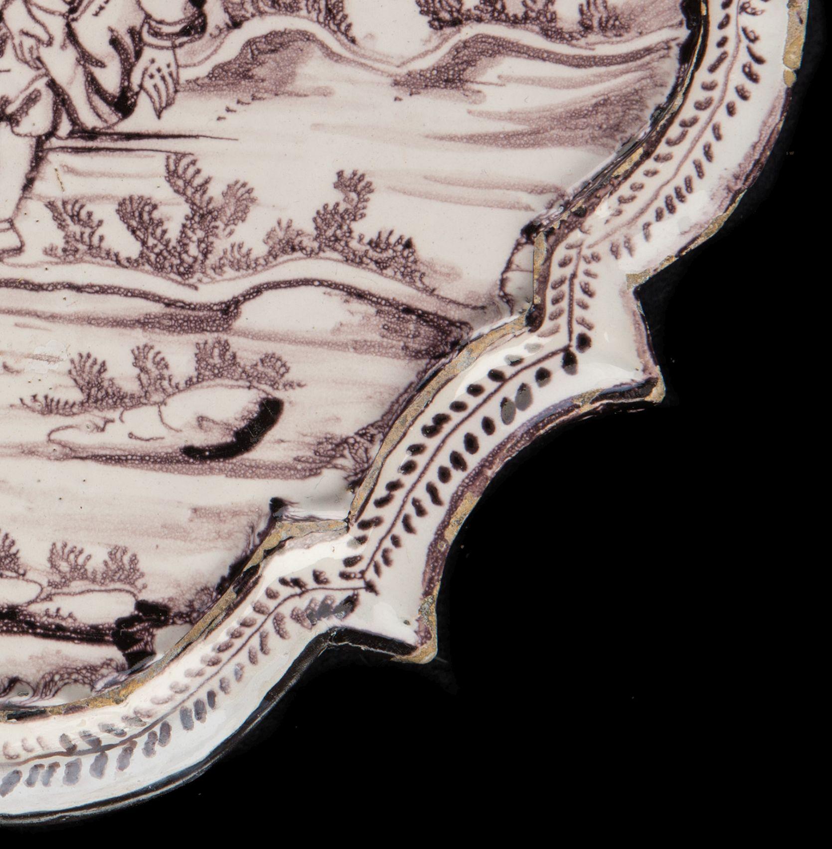 Glazed Delft Purple and white plaque with figures in a landscape Utrecht 1760 For Sale
